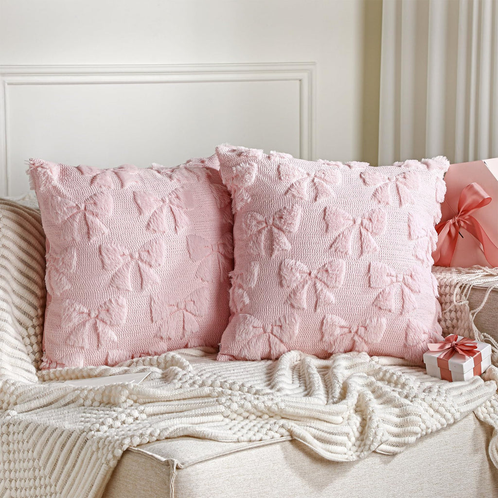 Coquette Bow Pillow Covers - Set of 2 Room Decor Cute Faux Fur Soft Pillow Covers Fluffy Plush Aesthetic Pillow Covers for Bed Sofa Couch Covers 18x18