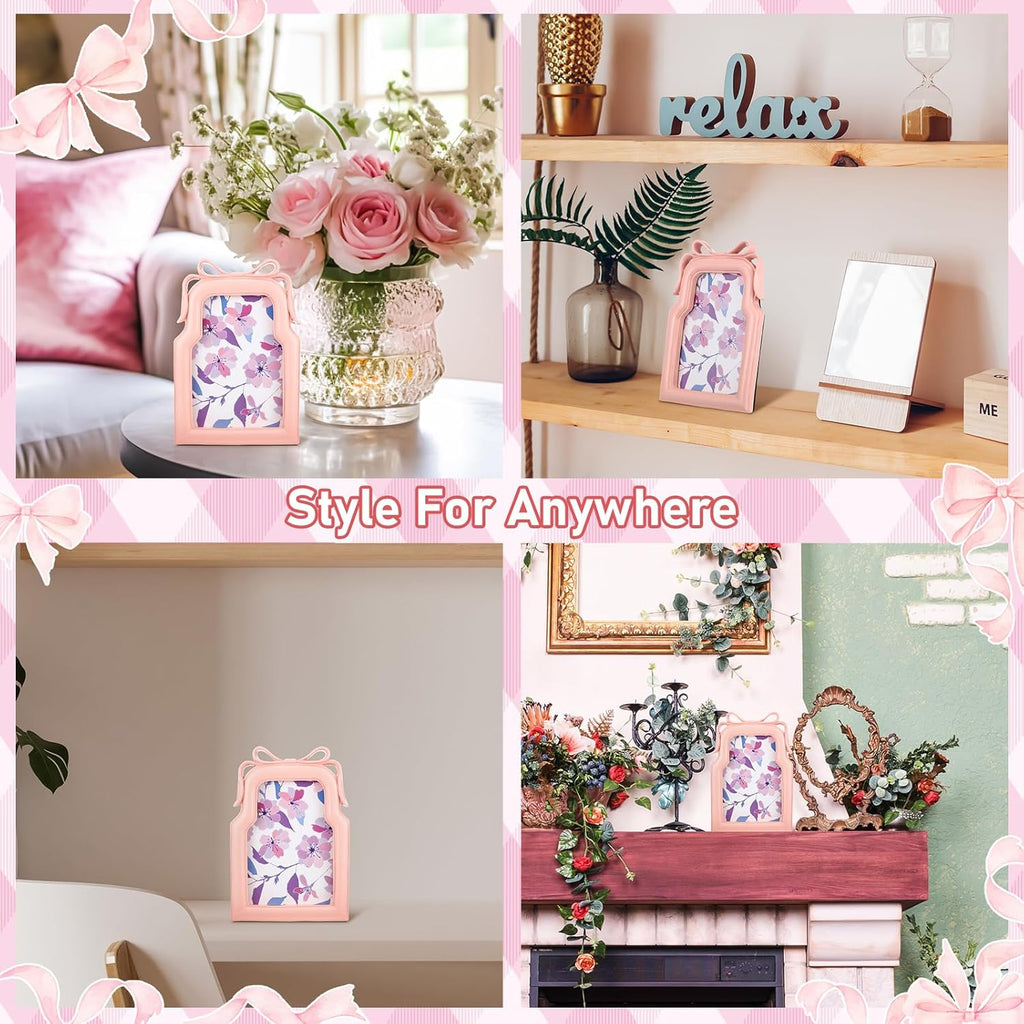 Pink Bow Picture Frame 4x6 Inch 3D Coquette Display Resin Photo Frames Cute Ribbon Bow Design 2 Pcs