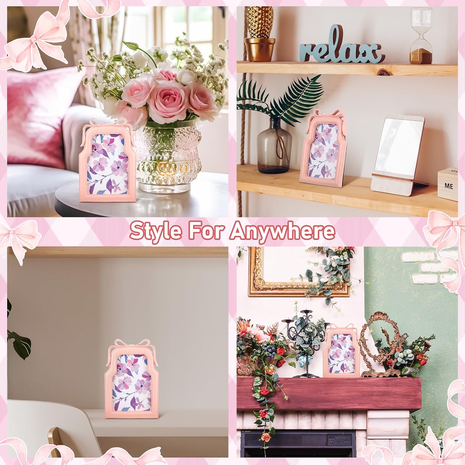 Pink Bow Picture Frame 4x6 Inch 3D Coquette Display Resin Photo Frames Cute Ribbon Bow Design 2 Pcs