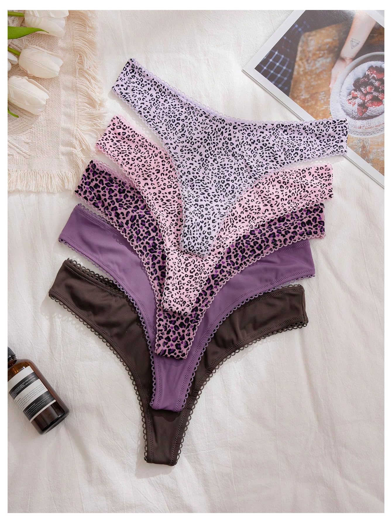 Women's 5 Pack Leopard Print Thongs Low Rise Panties Underwear Sets
