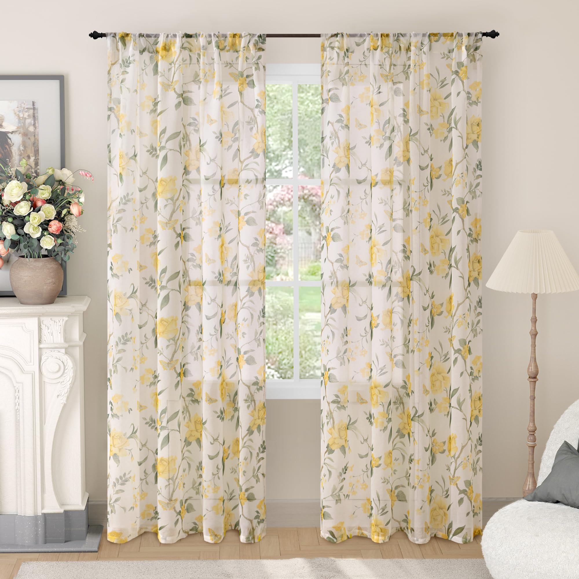 Floral Sheer Curtains, Vintage Light Filtering Semi-Sheer Linen Curtains