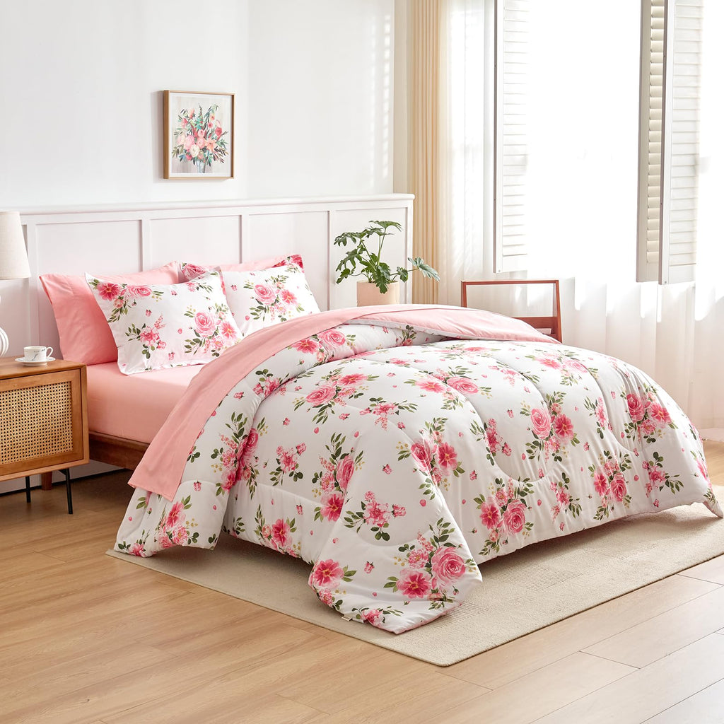 Flower Comforter Sheet Set White Bed in a Bag 7 Pieces Size Pink Floral Microfiber Bedding Set (1 Comforter 2 Pillow Shams 1 Flat Sheet 1 Fitted Sheet 2 Pillowcases)