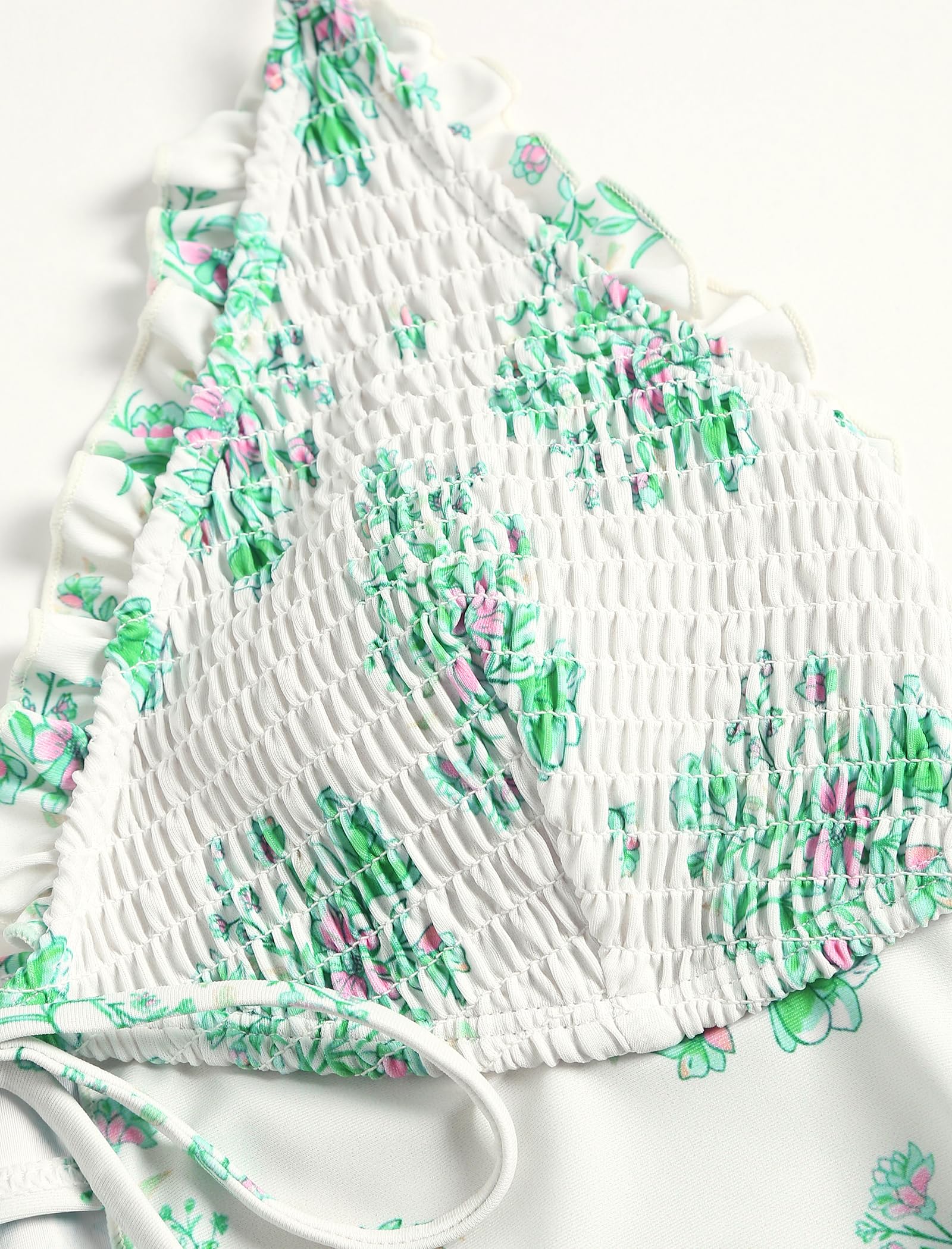 Tankini Swimsuits for Women Smocked Ruffles Tie Front Bowknot Textured High Cut Tanga Tankini Set