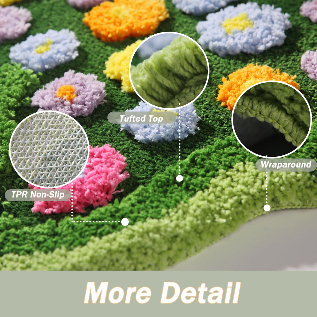 Moss Green Toilet Rugs, Luxury Tufted Extra Thick U-Shaped Toilet Rug,Cute Flower Green Moss Bath Mat Non Slip - Washable Water Absorbent Shag Bathroom Rugs for Bath