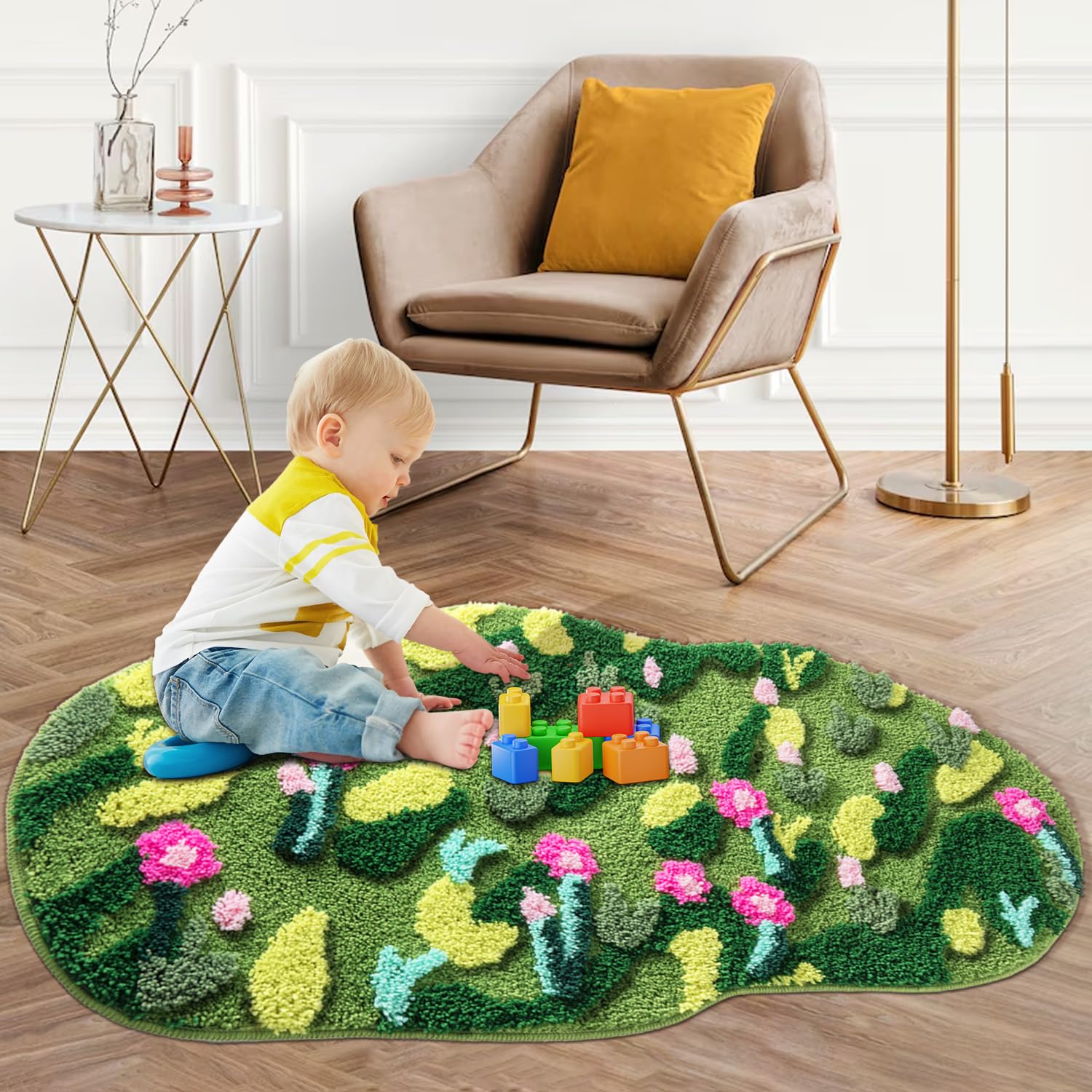 Green Moss Bathroom Rugs Bath Mat Non Slip, Ultra Soft Absorbent Aesthetic Decor Shaggy Tufted Flower Long Bath Rugs