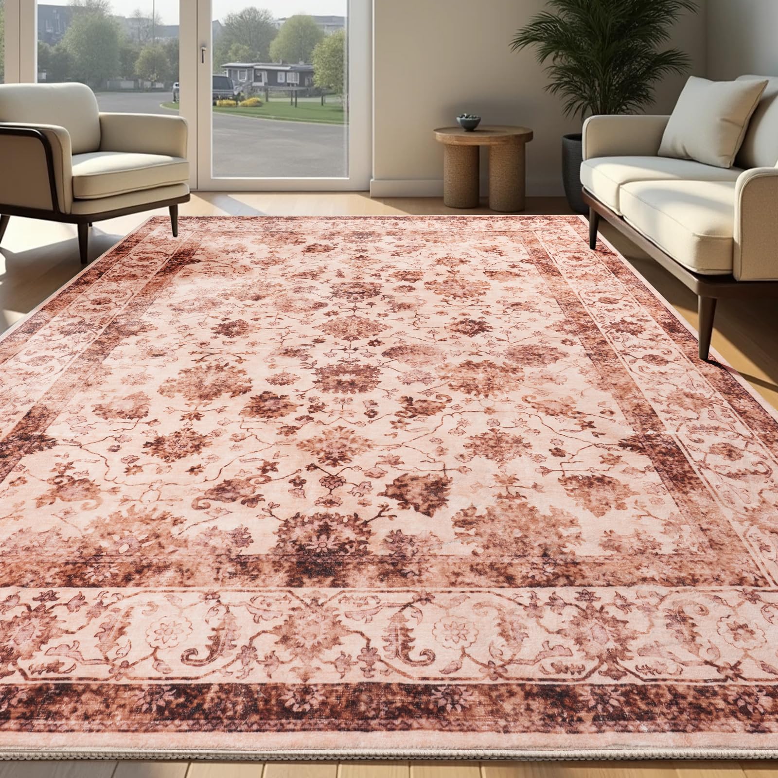 Washable Area Rugs Door Mat Entryway Vintage Floral Non-Slip Low Pile Entrance Thin Rug Carpet for Kitchen Bathroom Living Room Pink