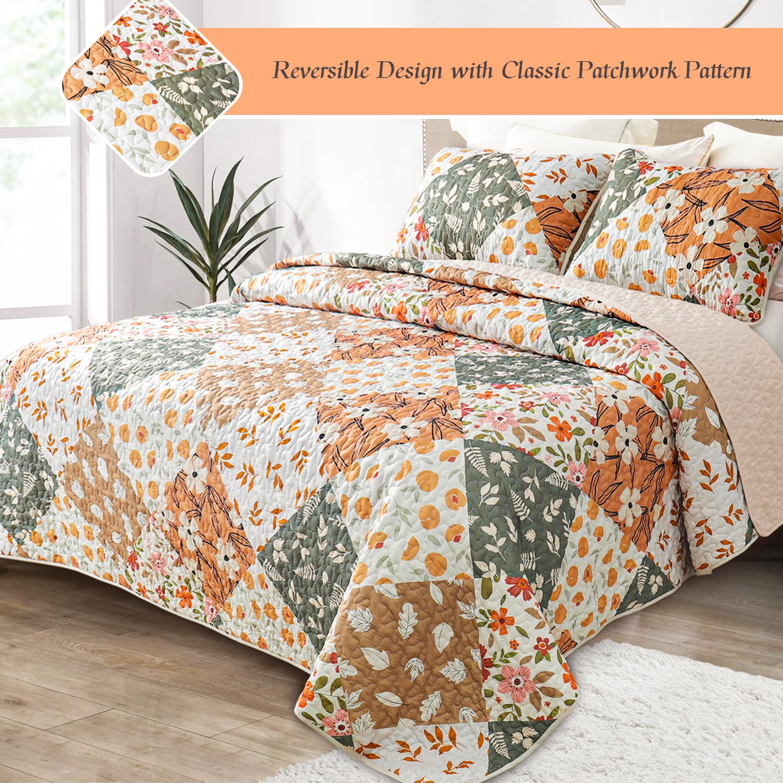 Reversible Patchwork Quilts Full Size, Lightweight Boho Printed Bedspreads Coverlets Quilt Bedding Set with 2 Pillow Shams