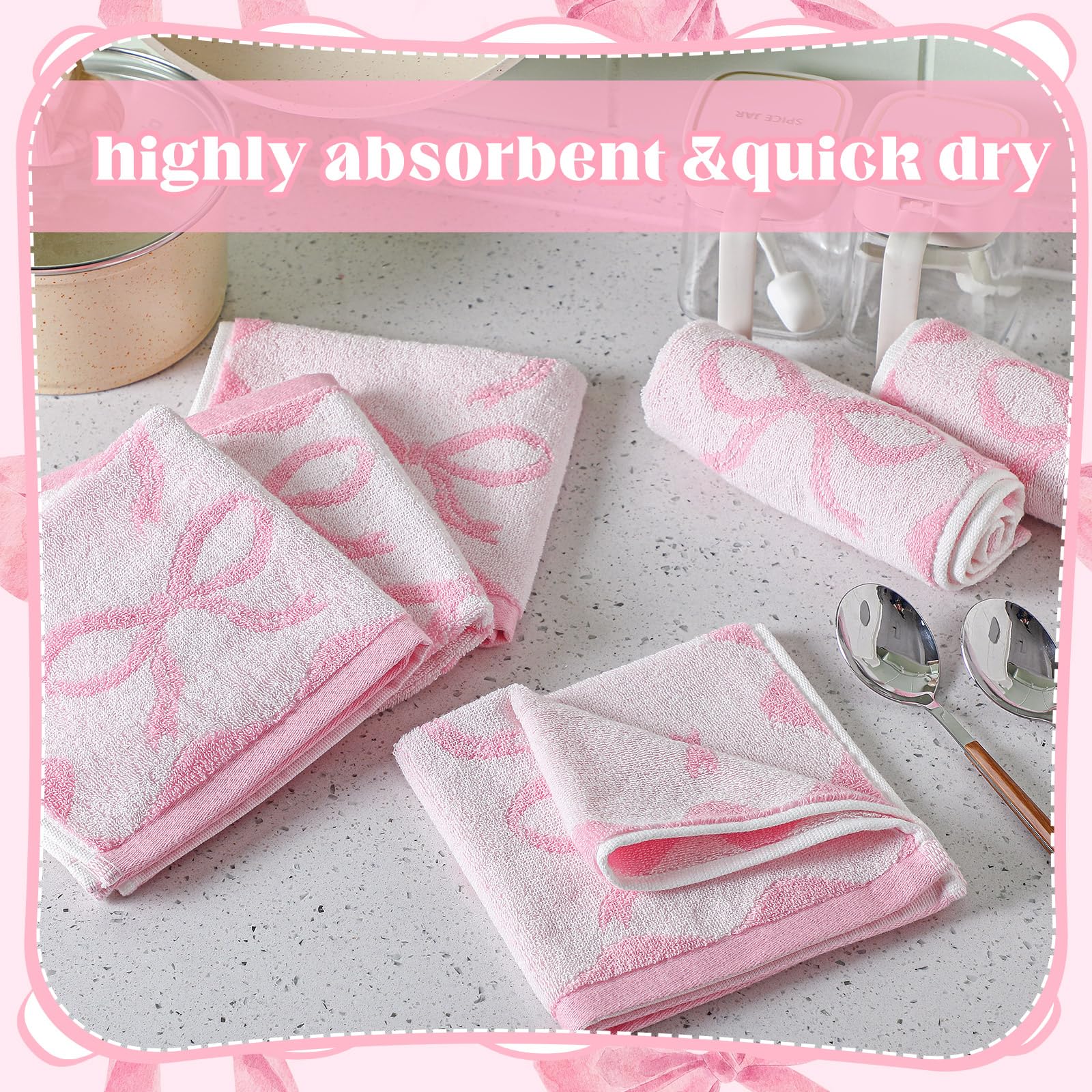Coquette 6 Pcs Pink Bow Washcloths 100% Cotton Wash Cloths 13" x 13" Small Face Towels Absorbent Soft Preppy Wash Cloths & Hand Bath Towels for Bathroom