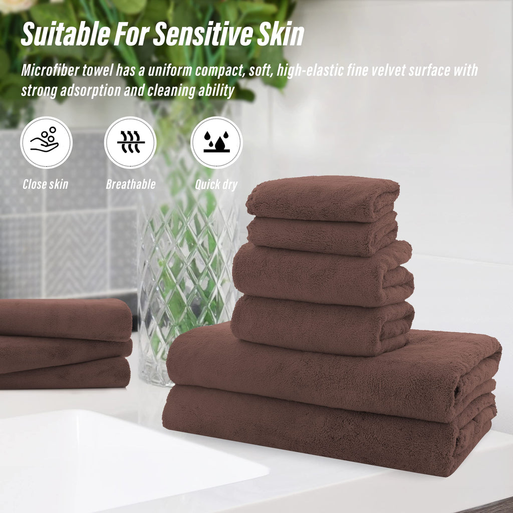 Ultra Soft Towel Set - Quick Drying - 2 Bath Towels 2 Hand Towels 2 Washcloths - Microfiber Coral Velvet Highly Absorbent Towel (6 Pcs)