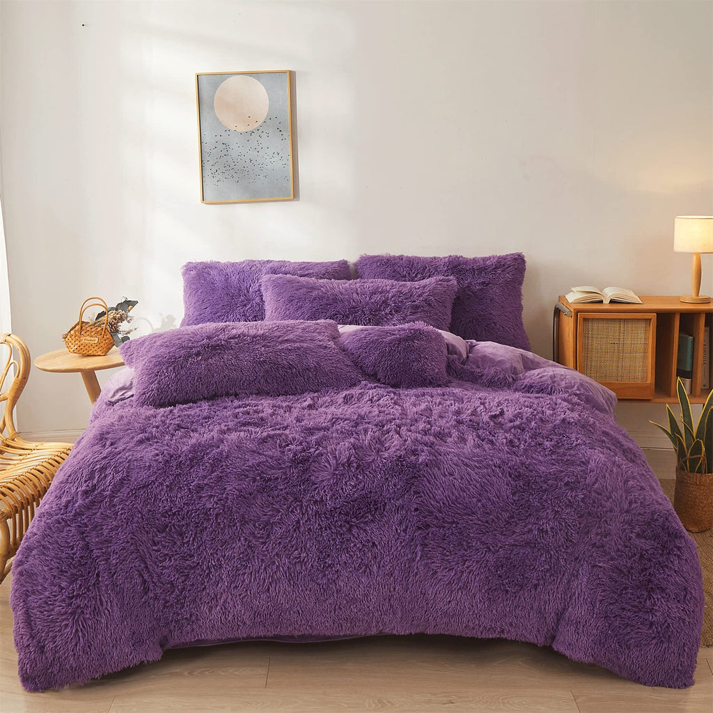 Fluffy Faux Fur Comforter Cover Set Queen - Ultra Soft Plush Bedding Sets 3 Pieces (1 Fluffy Duvet Cover + 2 Faux Fur Pillow case) Cute Bed Set