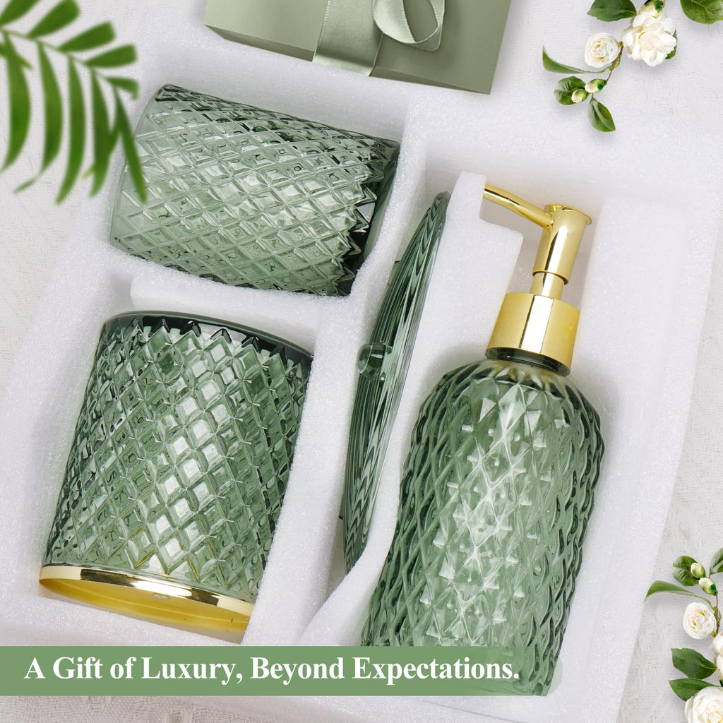 Glass Bathroom Accessories Set 4PCS Bathroom Accessories Set with Soap Dispenser Toothbrush Holder Qtip Holder & Vanity Tray