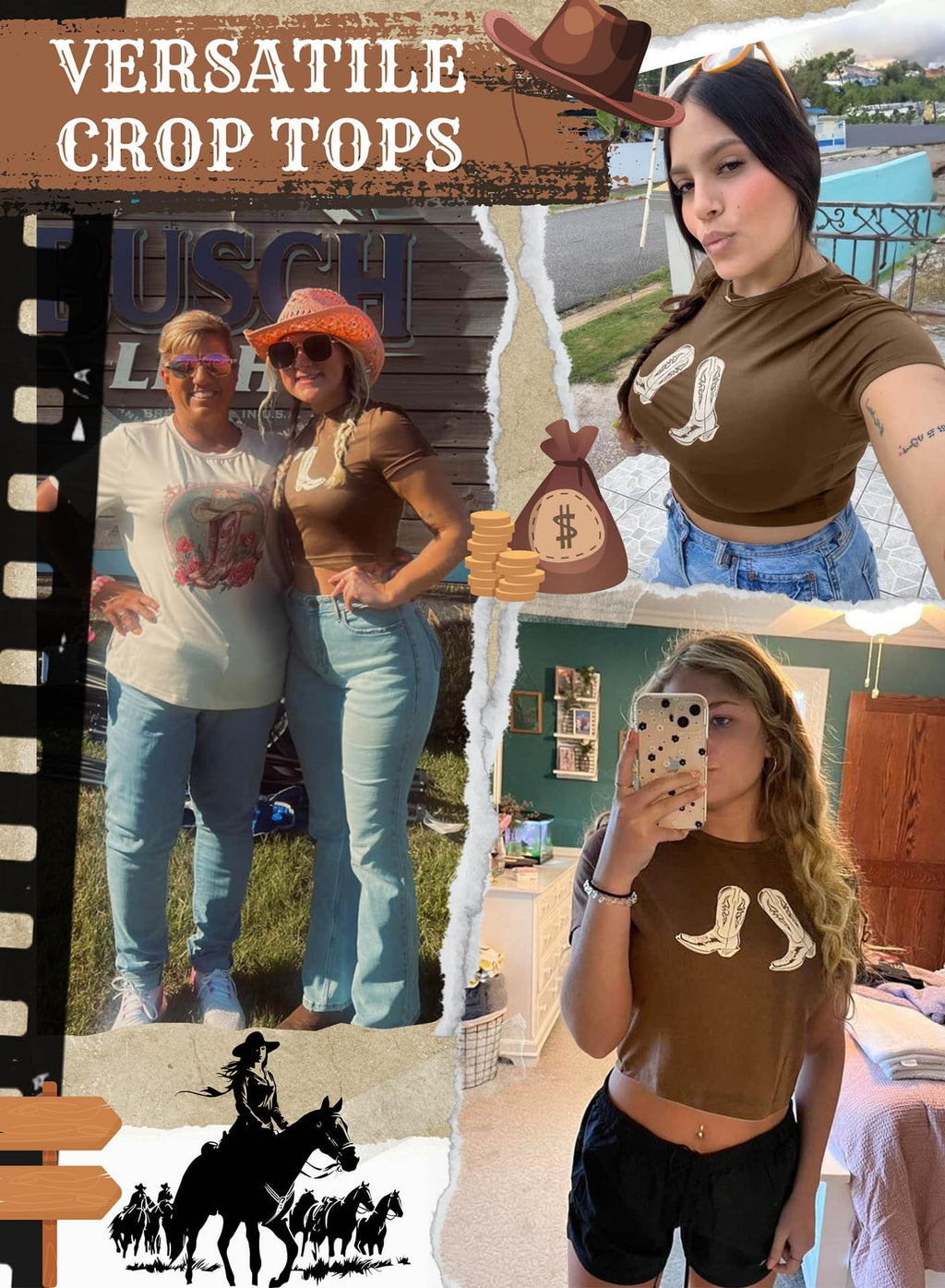 Western Cowgirl Crop Tops for Women - Country Rodeo Outfits Boot Print Summer Slim Shirt Sexy Cowboy Tee