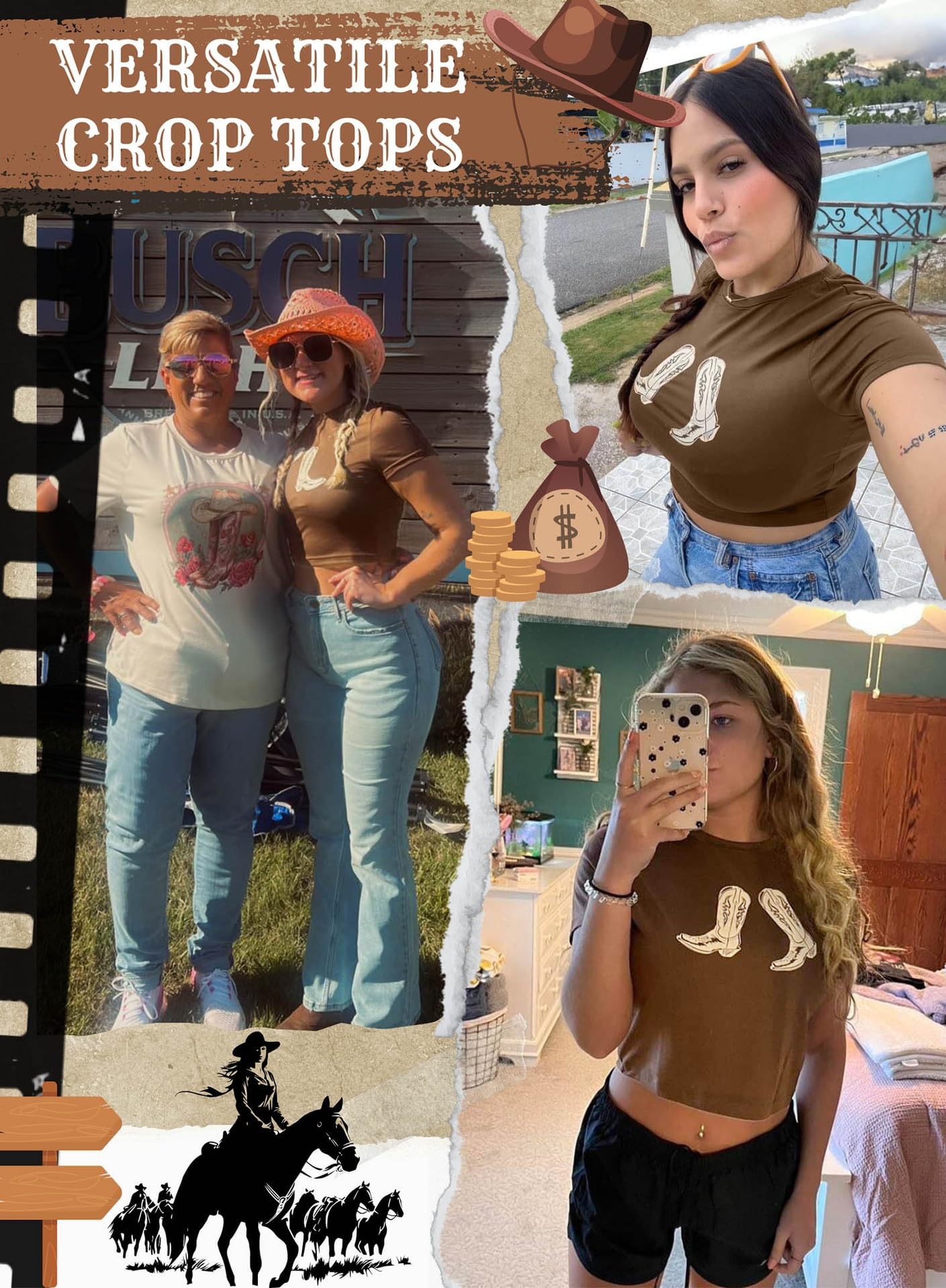 Western Cowgirl Crop Tops for Women - Country Rodeo Outfits Boot Print Summer Slim Shirt Sexy Cowboy Tee