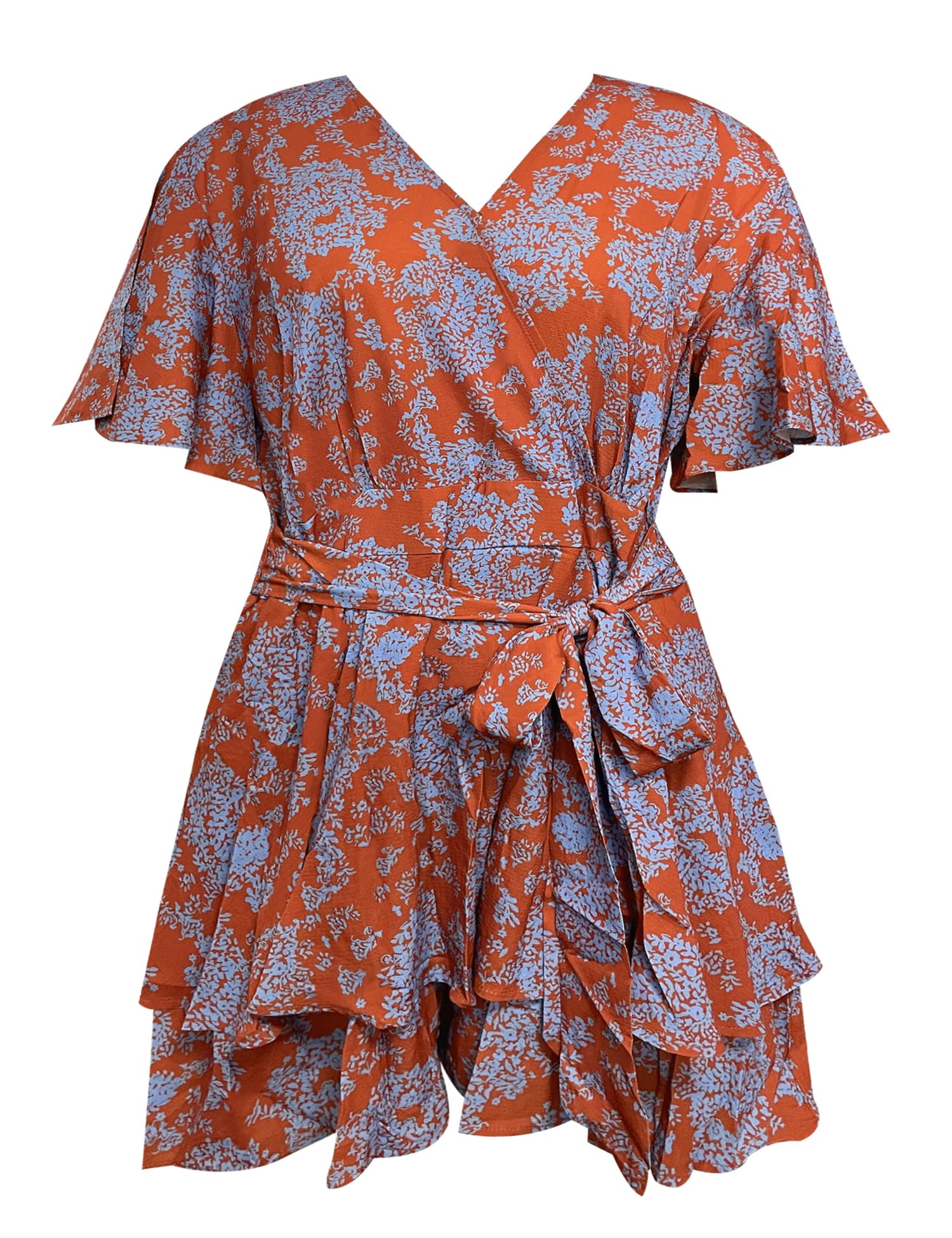 Women's Floral Rompers Jumpsuits V Neck Short Baggy Sleeve Waist Tie Double Layer Ruffle Hem Romper