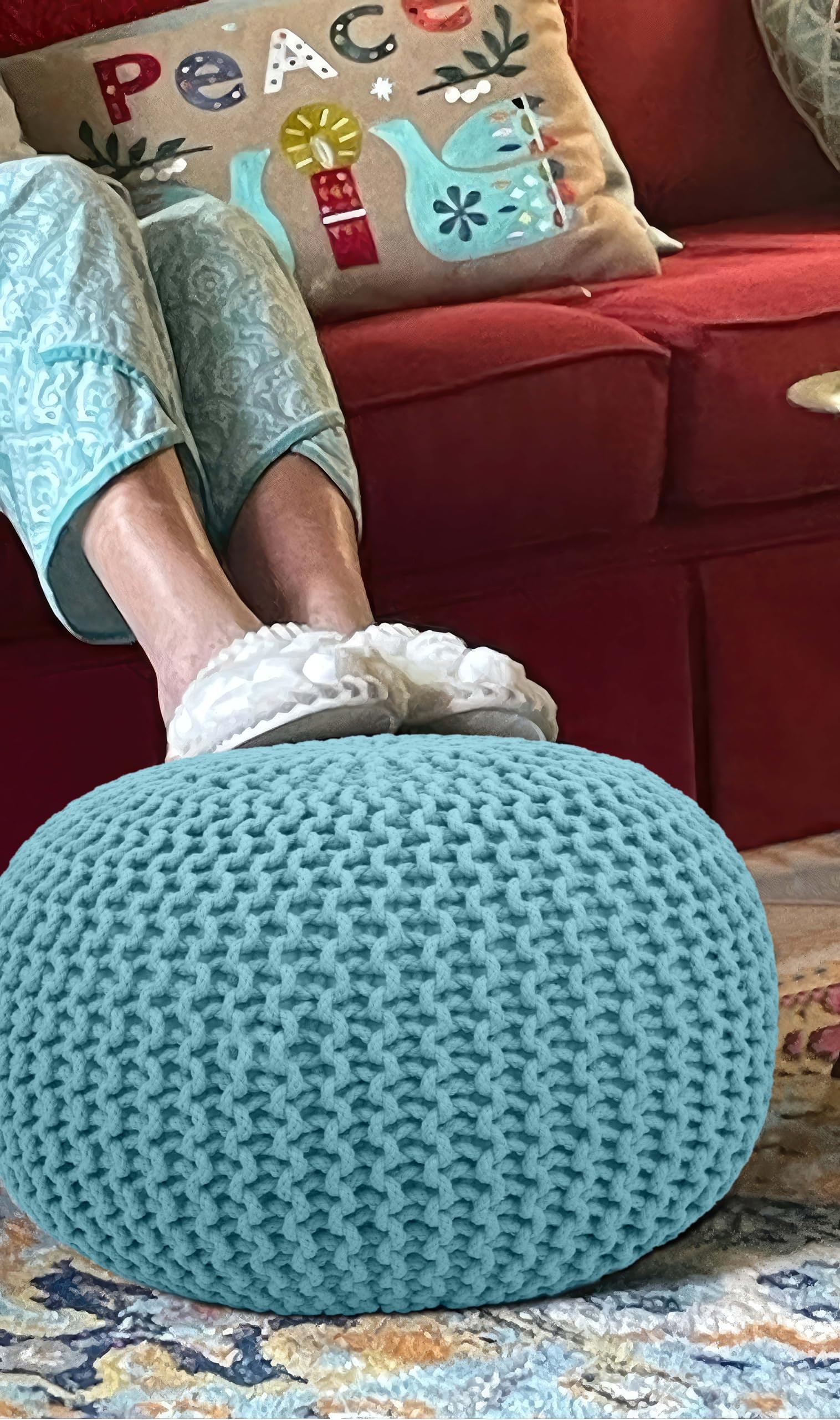 Hand-Knitted Cotton Round Pouf â€?Braid Cord Ottoman, Footrest, and Accent Seat for Living Room, Nursery, Kids Room, or Dorm Décor â€?20x14