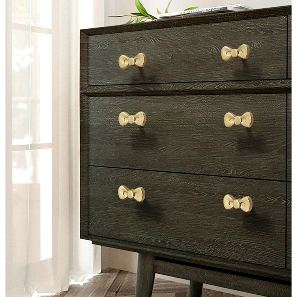 Gold Brass Small Bow Knobs Cute Dresser Drawer Handles Kitchen Cabinet Pulls Art Deco Single Hole Decorative Knobs Modern Furniture Hardware for Closet Cupboard