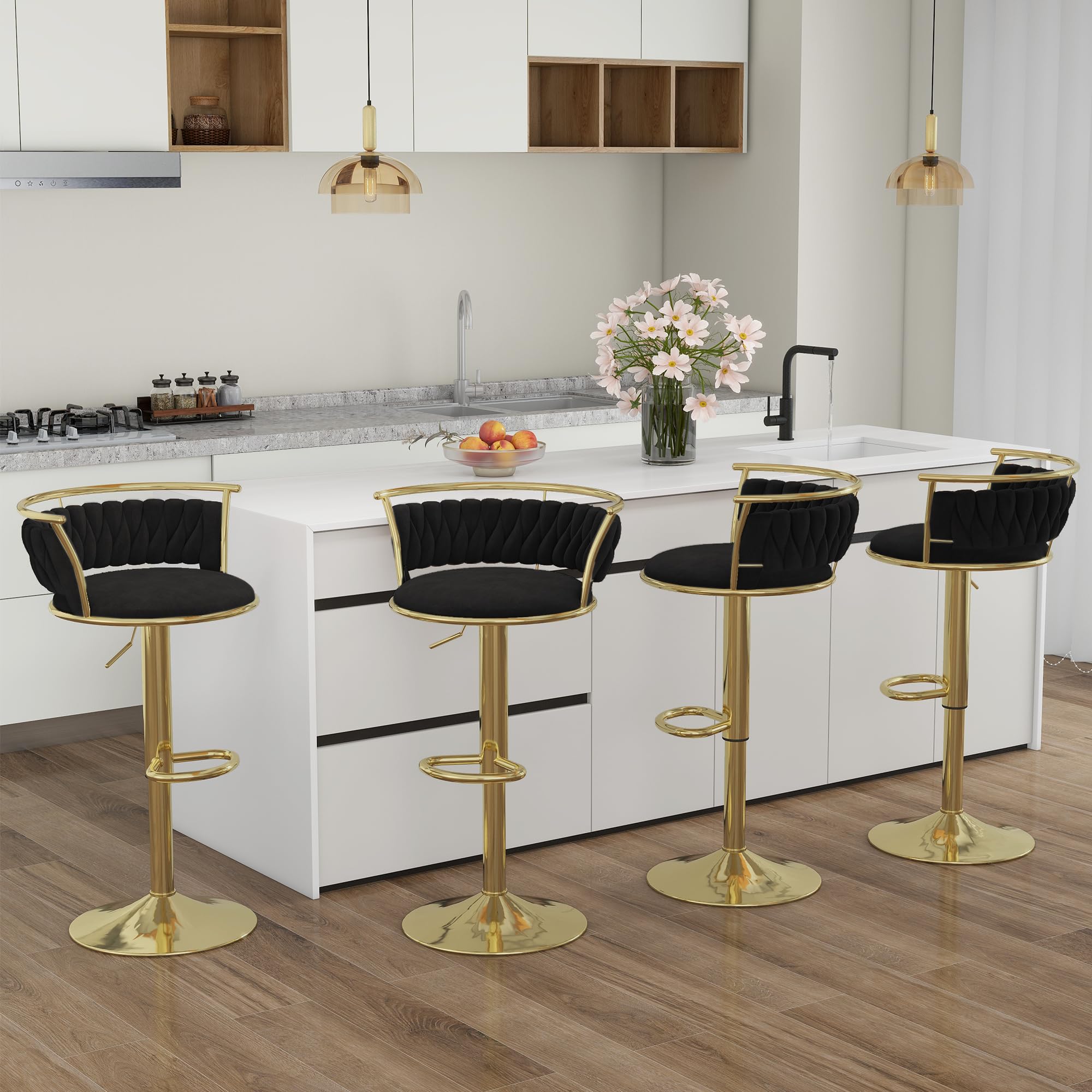 Velvet Swivel Bar Stools, Adjustable Counter Height Bar Chairs with Low Back & Footrest, Modern Gold Bar Stools for Kitchen Island, Bar Pub