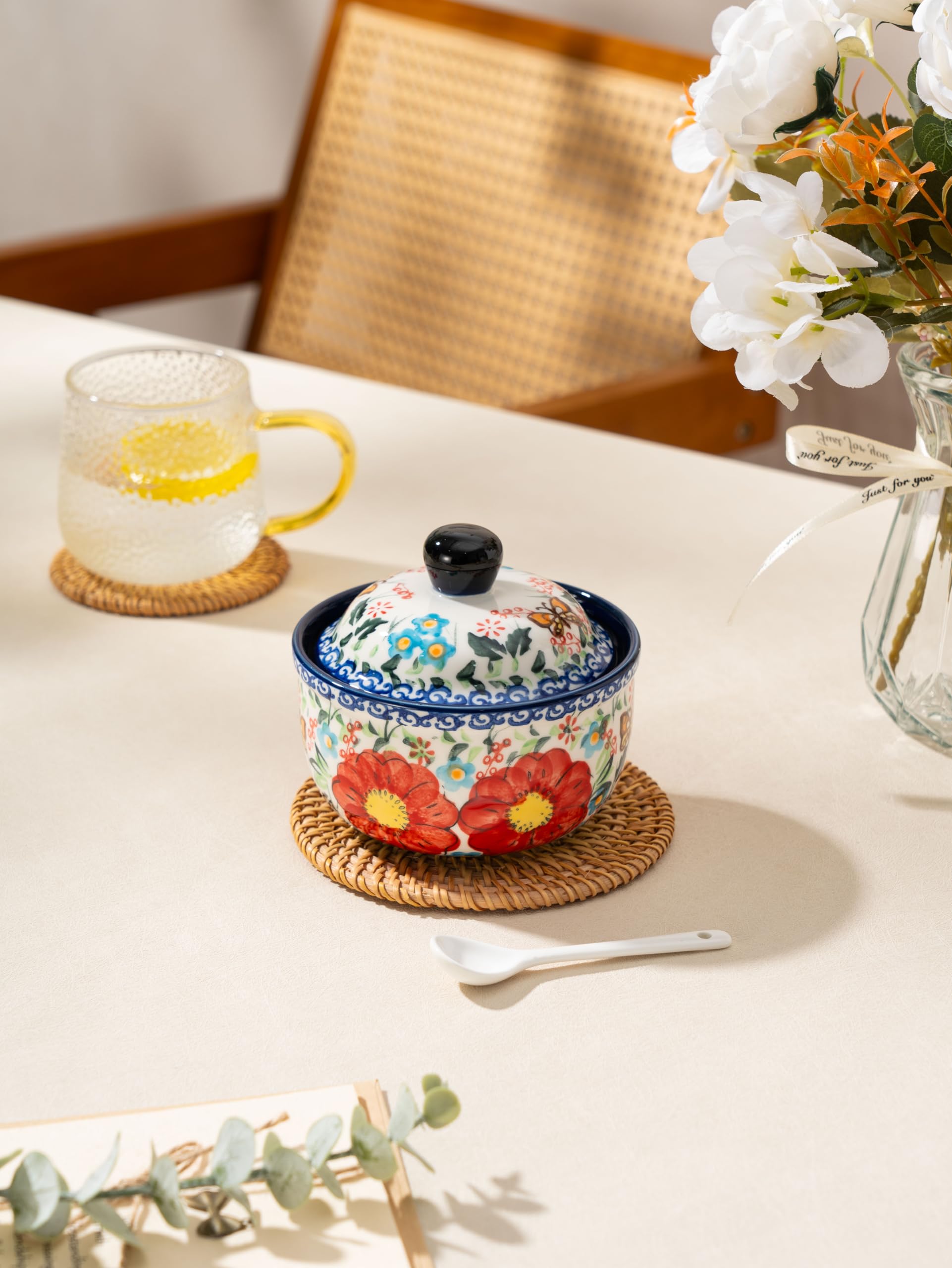 Handmade Sugar Bowl with Lid and Spoon, 10 Ounce Ceramic Hand-Painted Sugar Jar for Kitchen Oven, Dishwasher & Microwave Safe, Glazed