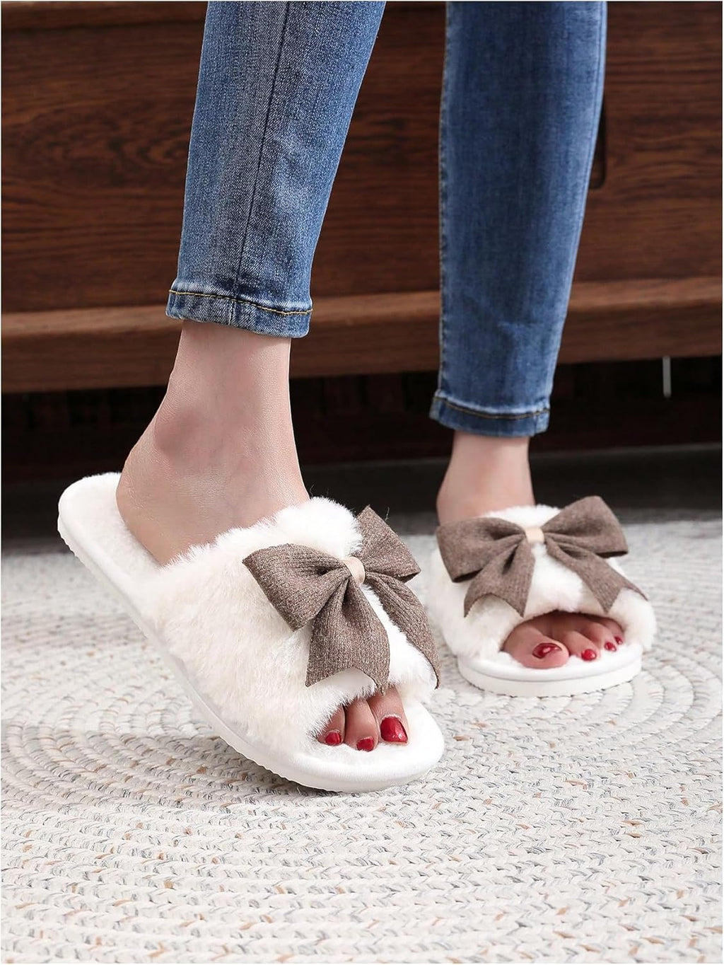 Women's Cute Bow Decor Fuzzy Open Toe Indoor Home Slippers Fashionable Warm Comfy Furry Outdoor Slippers