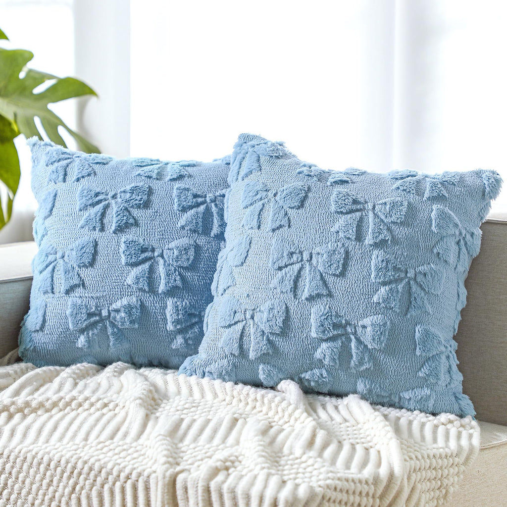 Coquette Bow Pillow Covers - Set of 2 Room Decor Cute Faux Fur Soft Pillow Covers Fluffy Plush Aesthetic Pillow Covers for Bed Sofa Couch Covers 18x18
