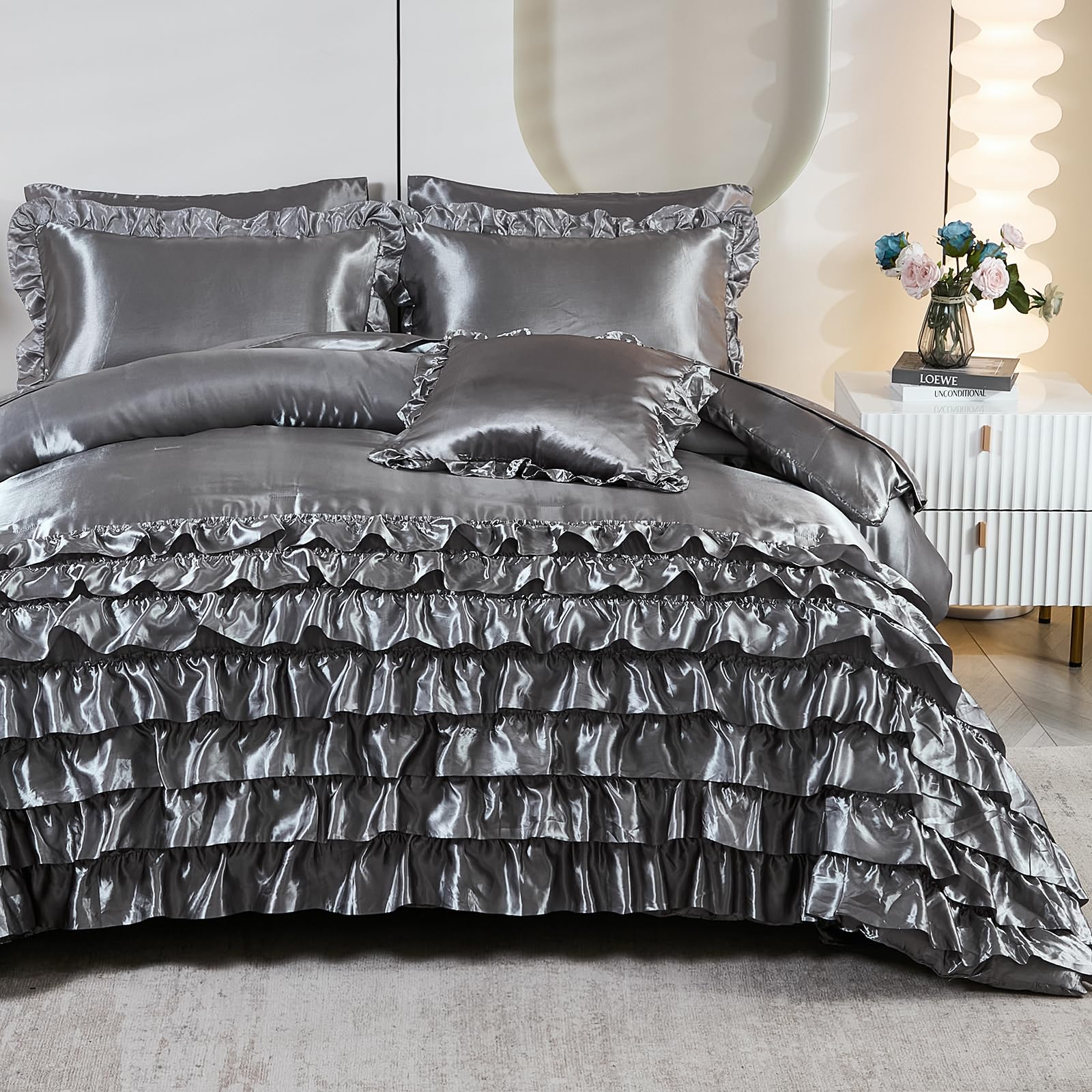 Ruffle Comforter Set 8 Pieces Satin Comforter Set with Sheet Set - Waterfall Ruffle Design Luxurious Silky Comforter Set
