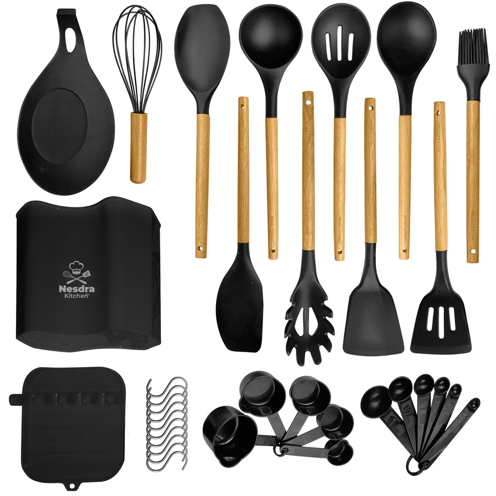 Silicone Cooking Utensils Set with Wooden Handles â€?Food-Grade, BPA-Free & Heat Resistant Kitchen Tools for Nonstick Cookware, Includes Holder & Hooks 33-Piece