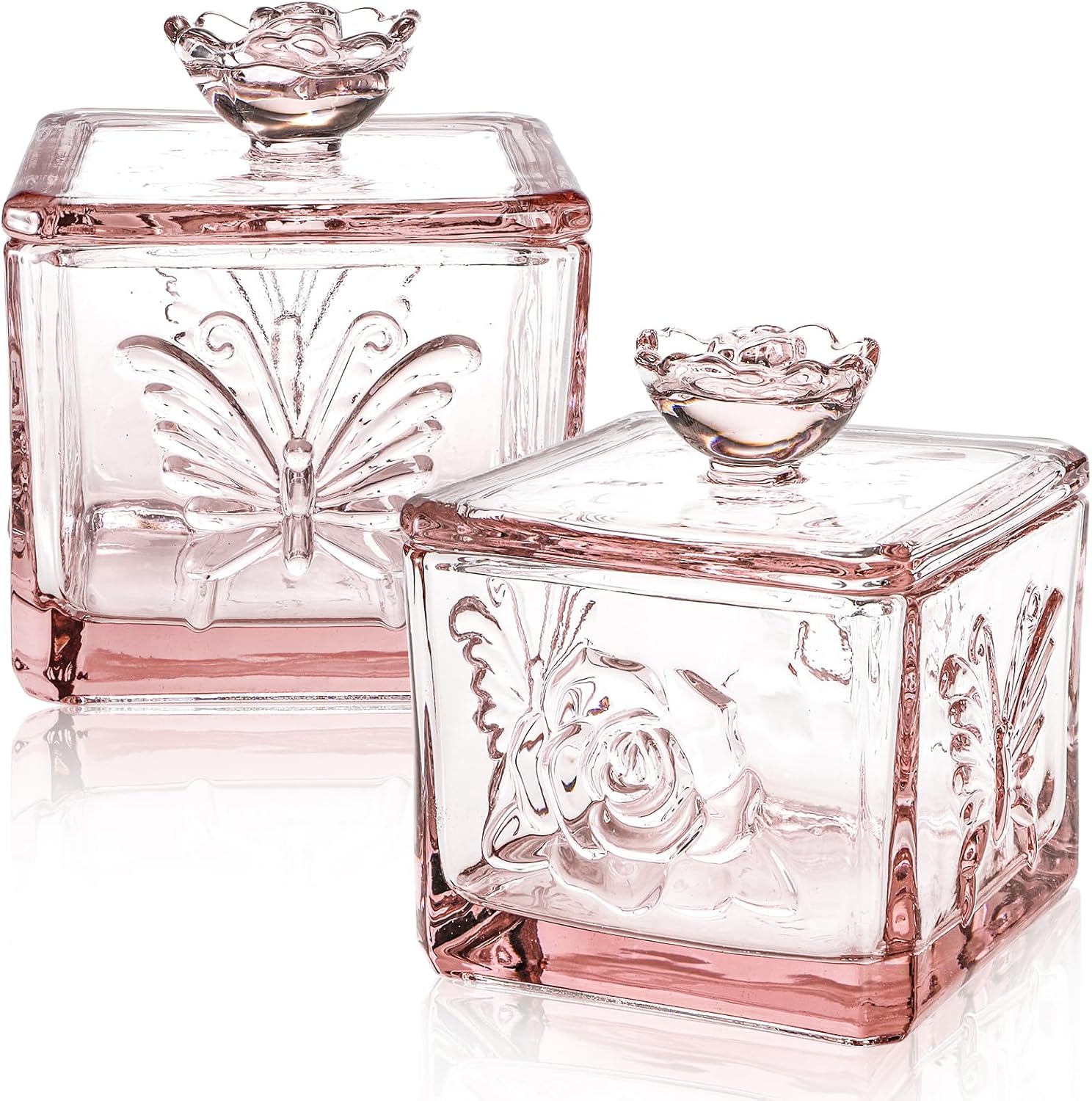 Glass Dish Embossed Butterfly Flower Clear Jar with Lid, 15 OZ Decorative Vintage Jewelry Storage Trinket Box