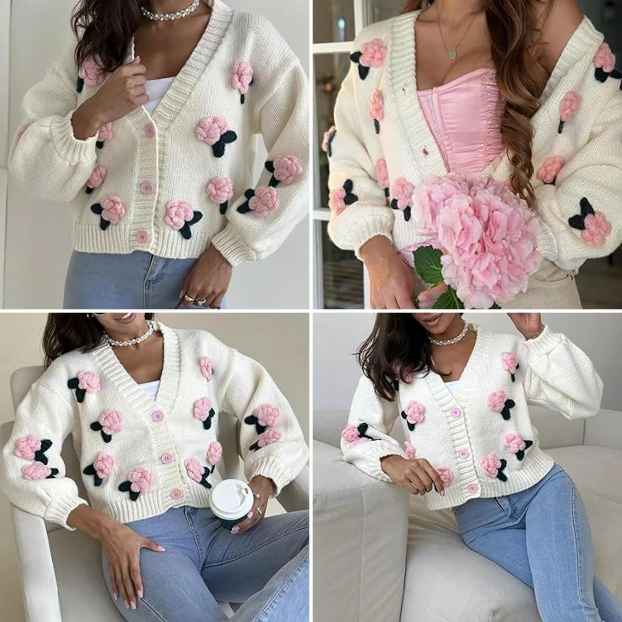 Women's Kawaii Strawberry Embroidered Cardigan Long Sleeve V Neck Chunky Knitted Cardigans