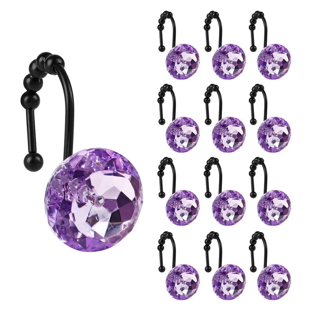 Luxury Design Round Diamond Crystal Gem Bling with Glide Balls Shower Curtain Hooks, Rust Proof Metal Rhinestones Glam Shower Curtain Rings-12 Pack