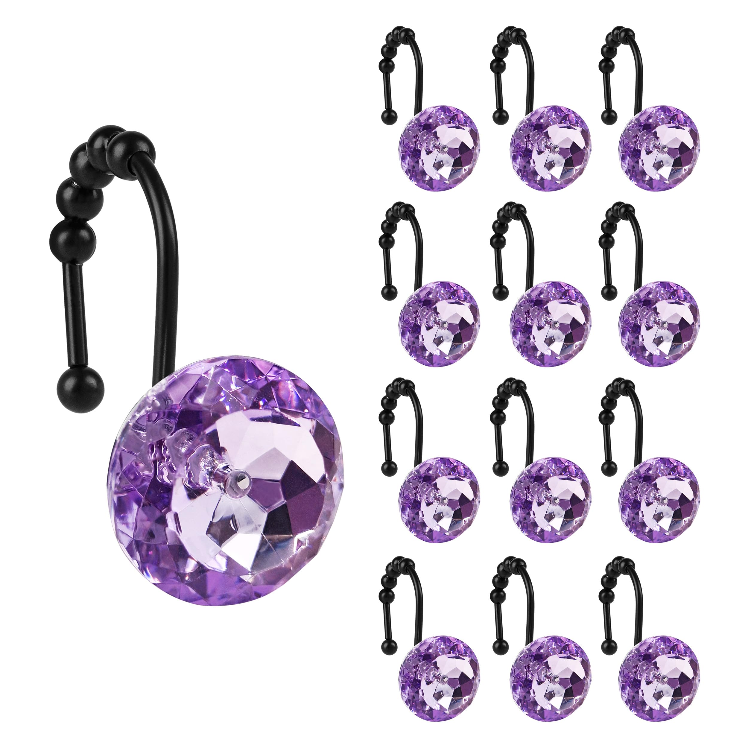 Luxury Design Round Diamond Crystal Gem Bling with Glide Balls Shower Curtain Hooks, Rust Proof Metal Rhinestones Glam Shower Curtain Rings-12 Pack