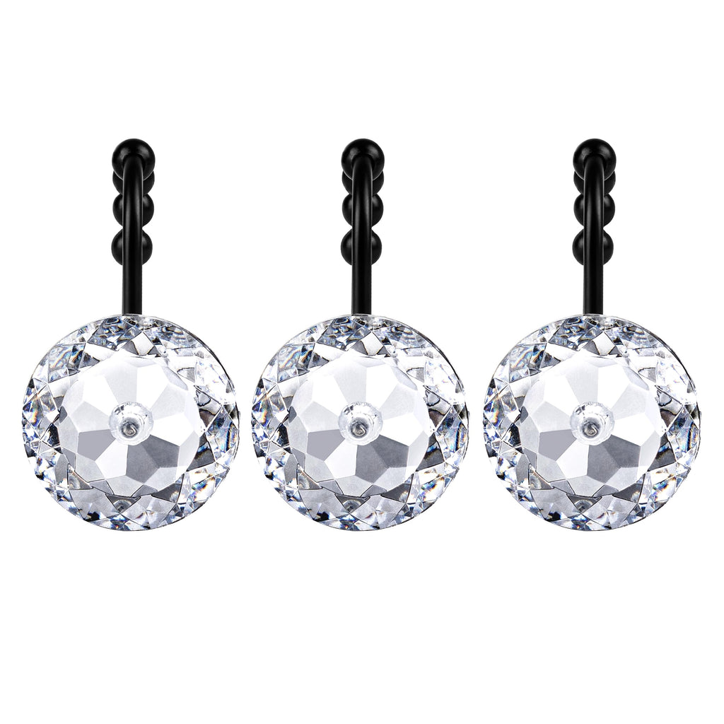 Luxury Design Round Diamond Crystal Gem Bling with Glide Balls Shower Curtain Hooks, Rust Proof Metal Rhinestones Glam Shower Curtain Rings-12 Pack