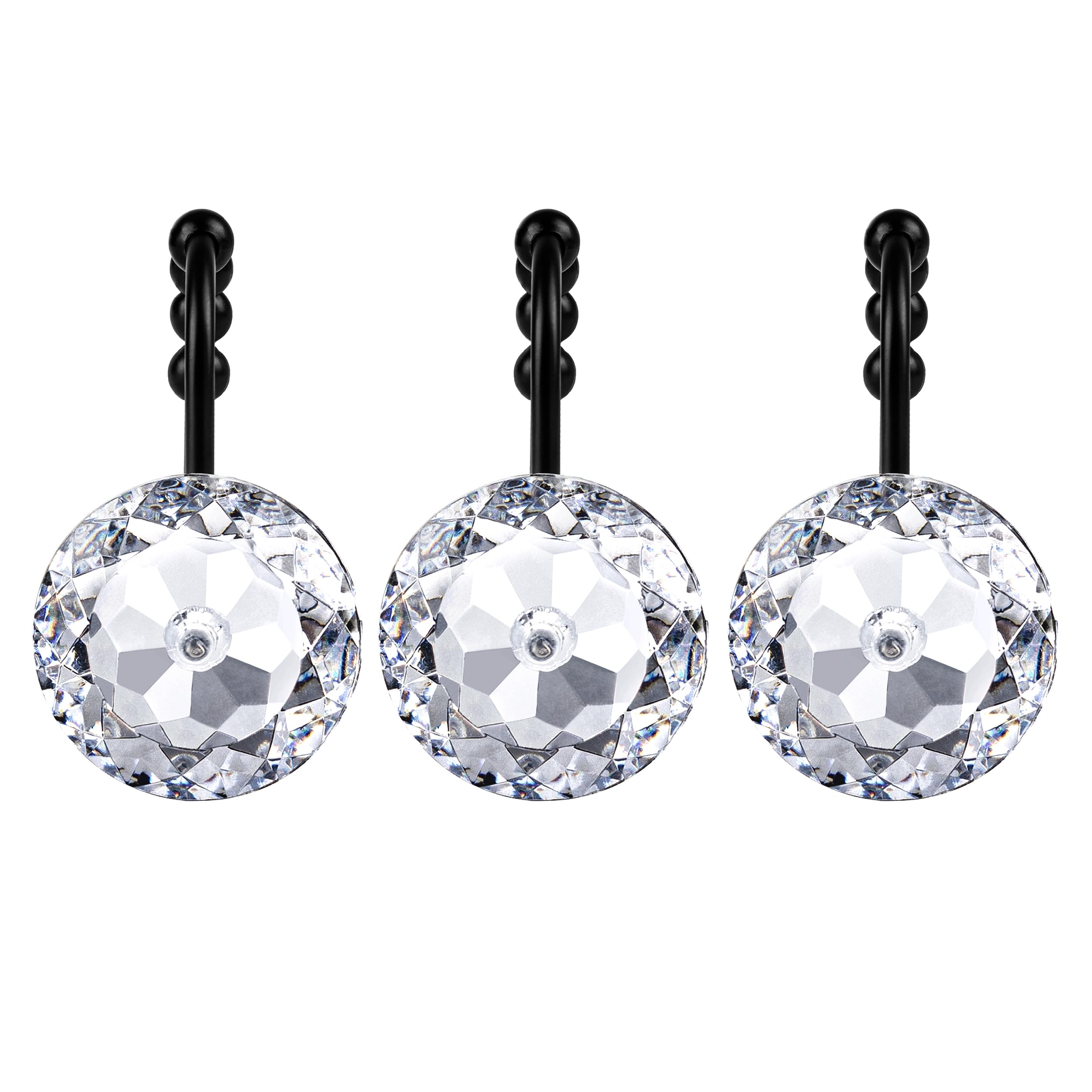 Luxury Design Round Diamond Crystal Gem Bling with Glide Balls Shower Curtain Hooks, Rust Proof Metal Rhinestones Glam Shower Curtain Rings-12 Pack