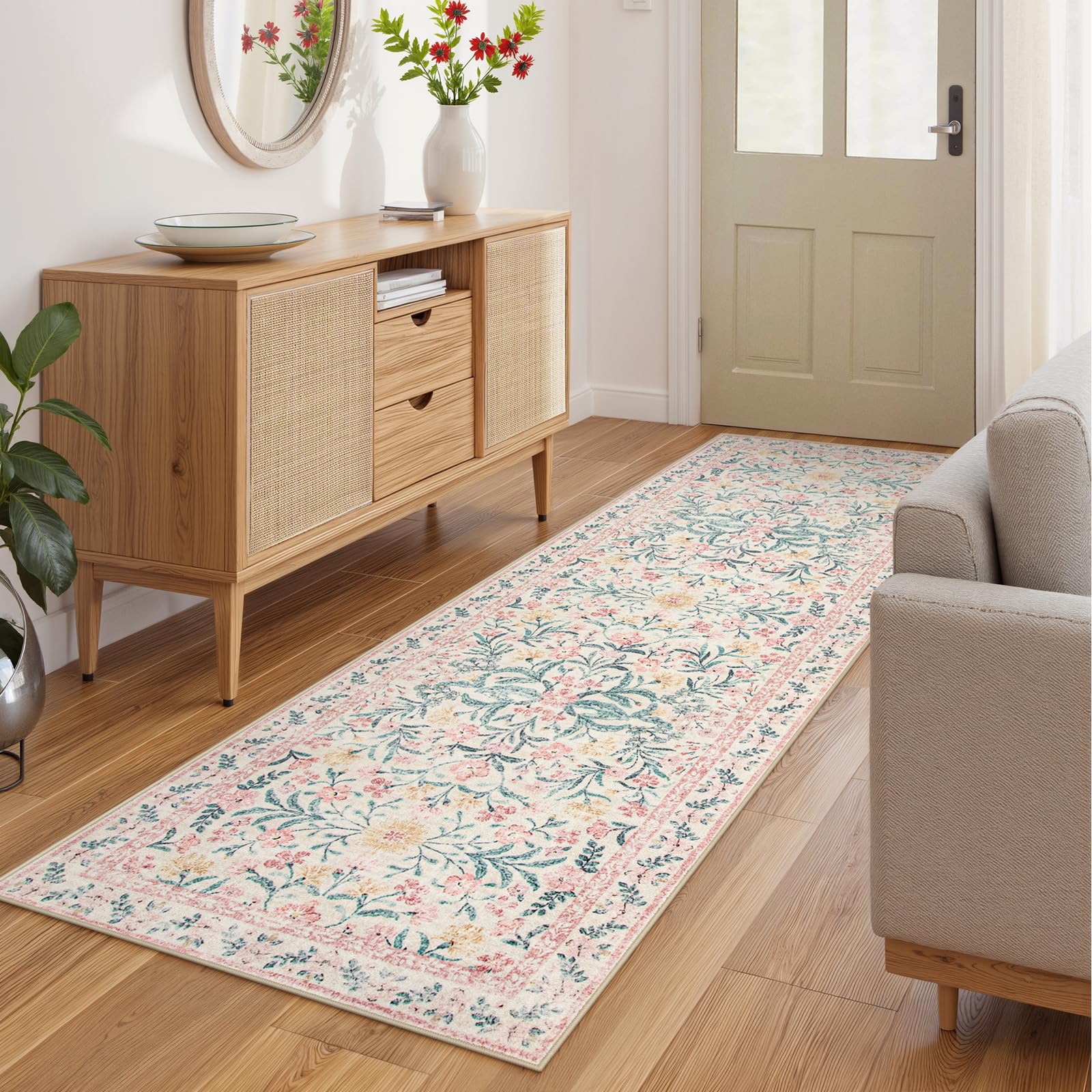 Machine Washable Boho Soft Floral Carpet Non Slip, Indoor Ultra-Thin Floor Carpet for Kid Room Living Room Dorm