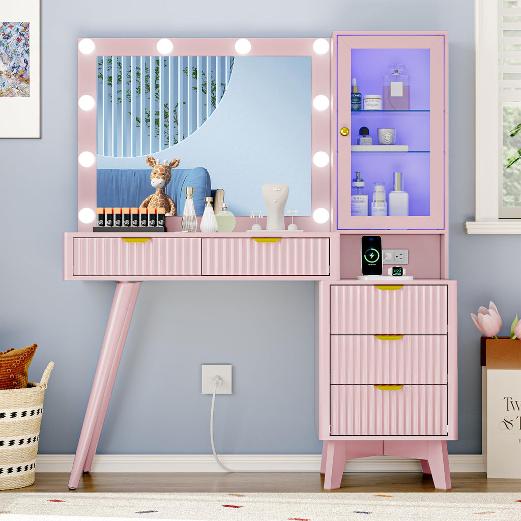 Fluted Vanity Desk with Mirror and Lights, 45" Glass Top Makeup Table Set with 5 Drawers, Power Outlet & Storage Cabinet, Large Dressing Table with RGB Ambient Light