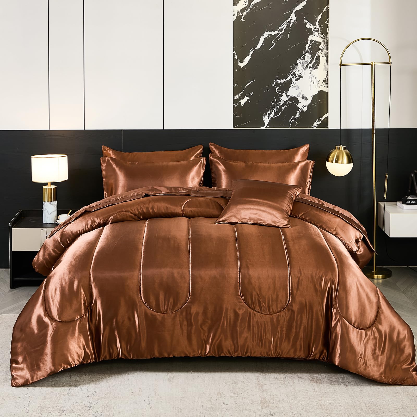 Satin Comforter Set with Sheet Set Full Silk Like Hot Pink Bed in a Bag Luxury Silky Bedding with 1 Comforter, 1 Flat Sheet, 1 Fitted Sheet, 4 Pillowcases, 1 Cushion Cover (Full, Hot Pink)