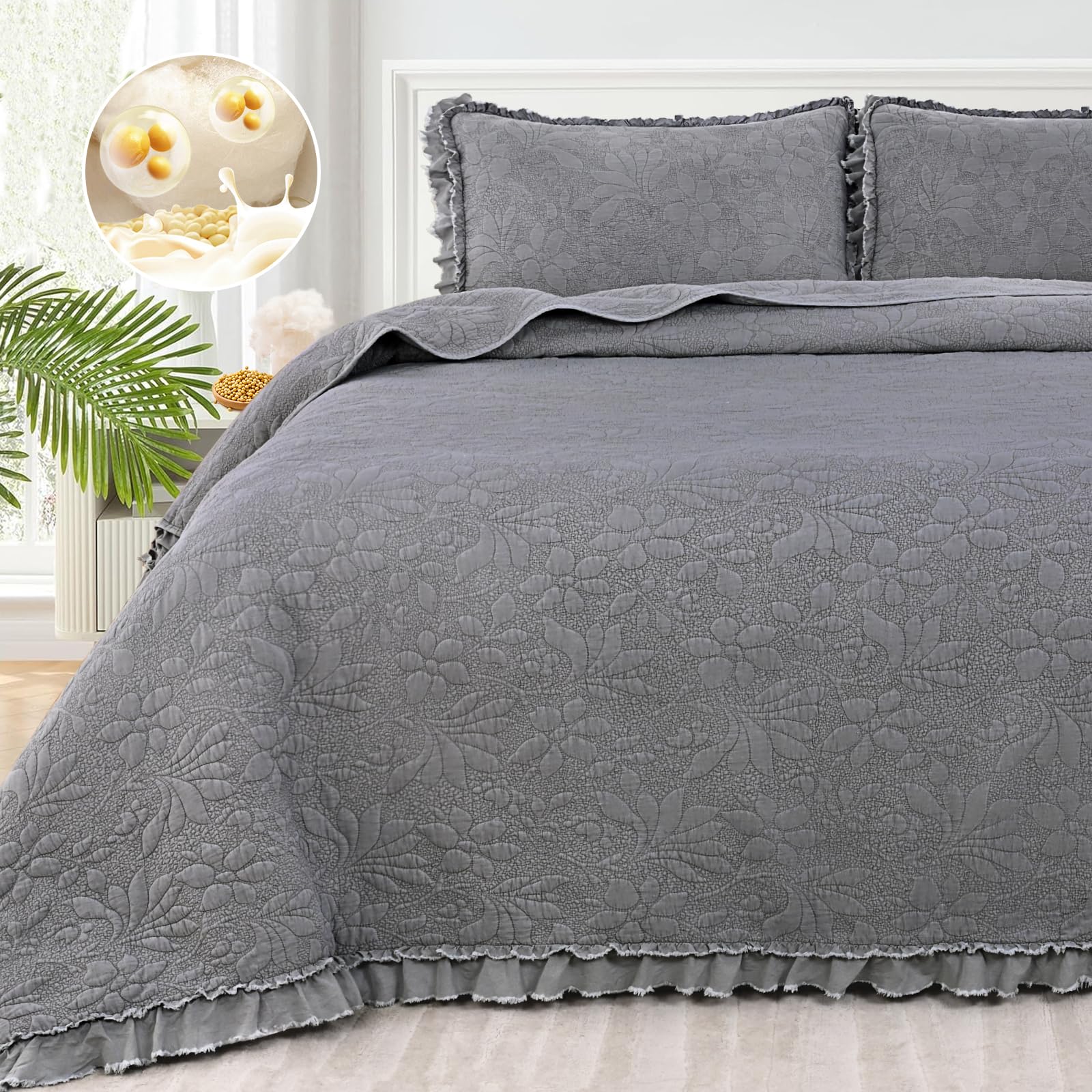 Ruffled Floral Quilts Soybean Fiber Filling Bedding Set 3 Piece, Stone-Washed Microfiber Shabby Chic Lightweight Soft Bedspread