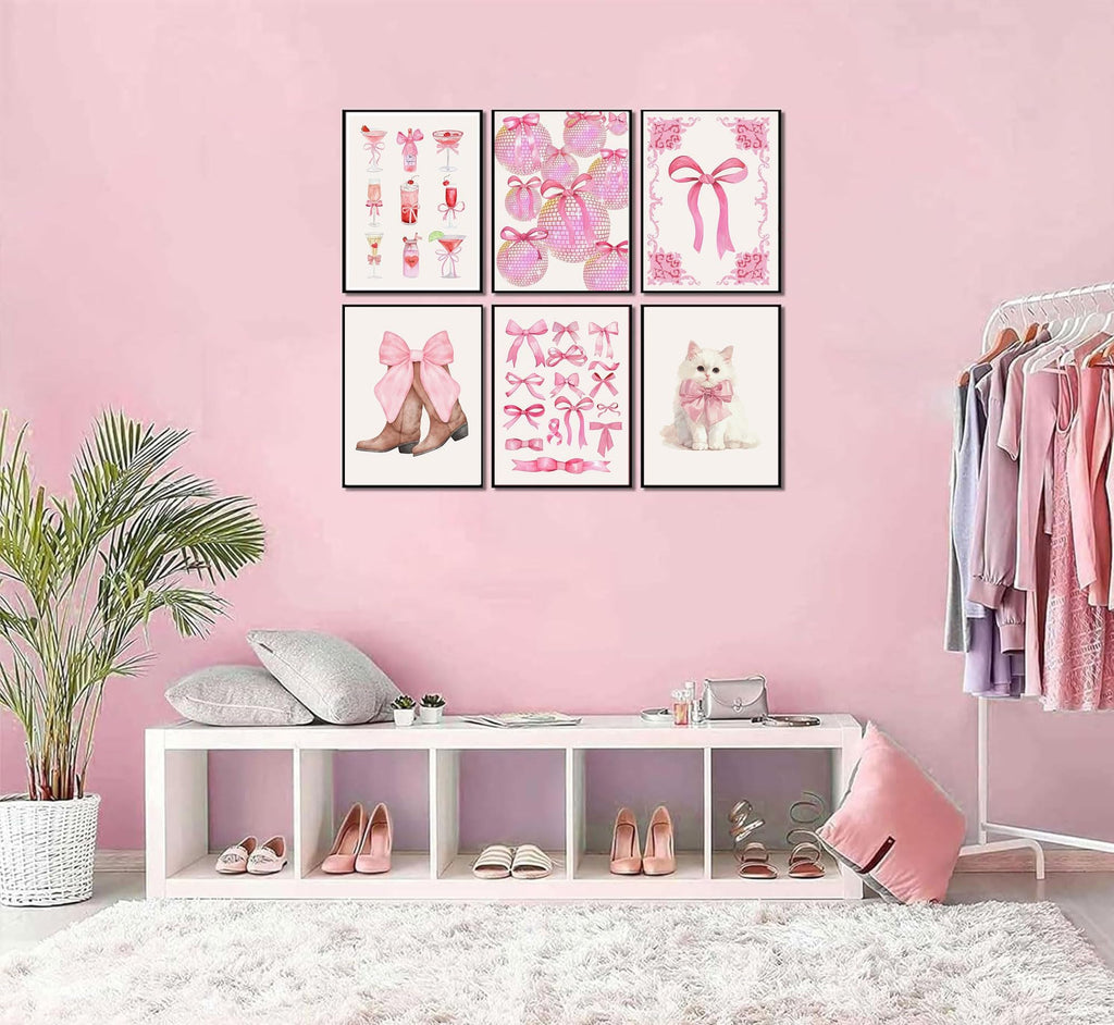 Pink Bows Canvas Wall Art Trendy Coquette Bow Cute Cat Wall Decor