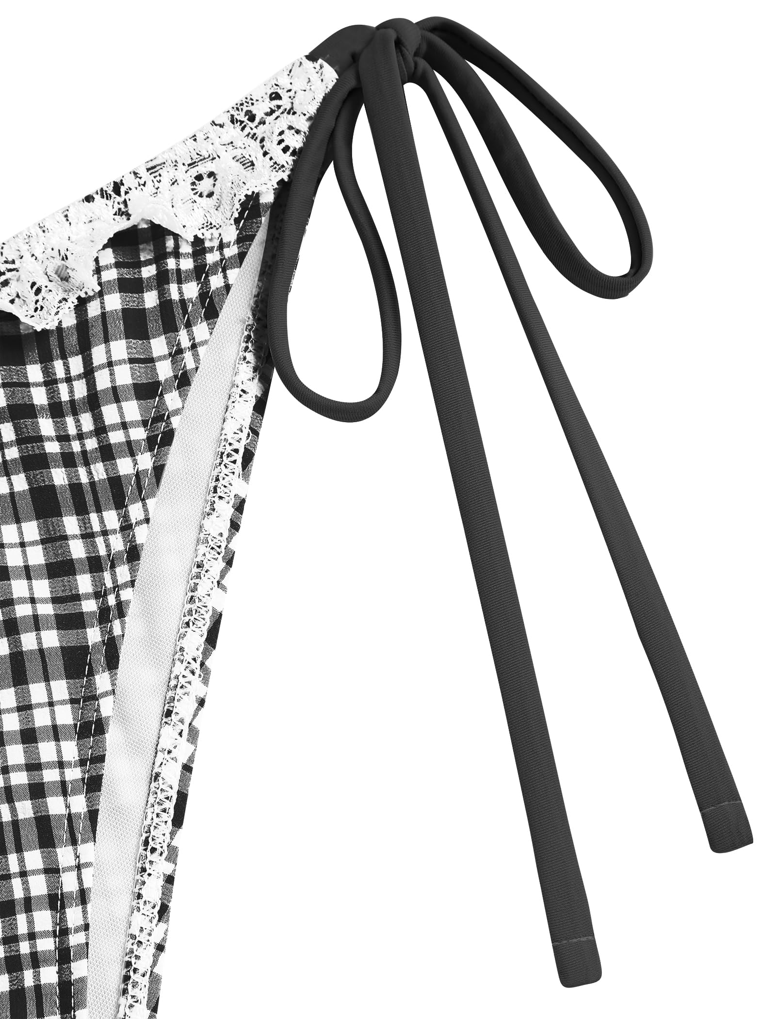 Women's Triangle Bikini Lace Frilled Ruffles Gingham Print Tie Side Spaghetti Strap 2 Pieces Bikini Swimsuit