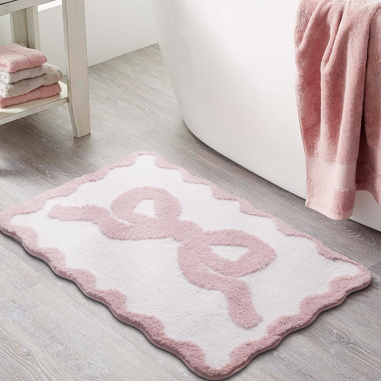 Coquette Pink Bow Bath Mat for Bathroom 20"x32", Cute Preppy Rugs with Scalloped Edges, Soft Microfiber, Ultra Absorbent, Non-Slip