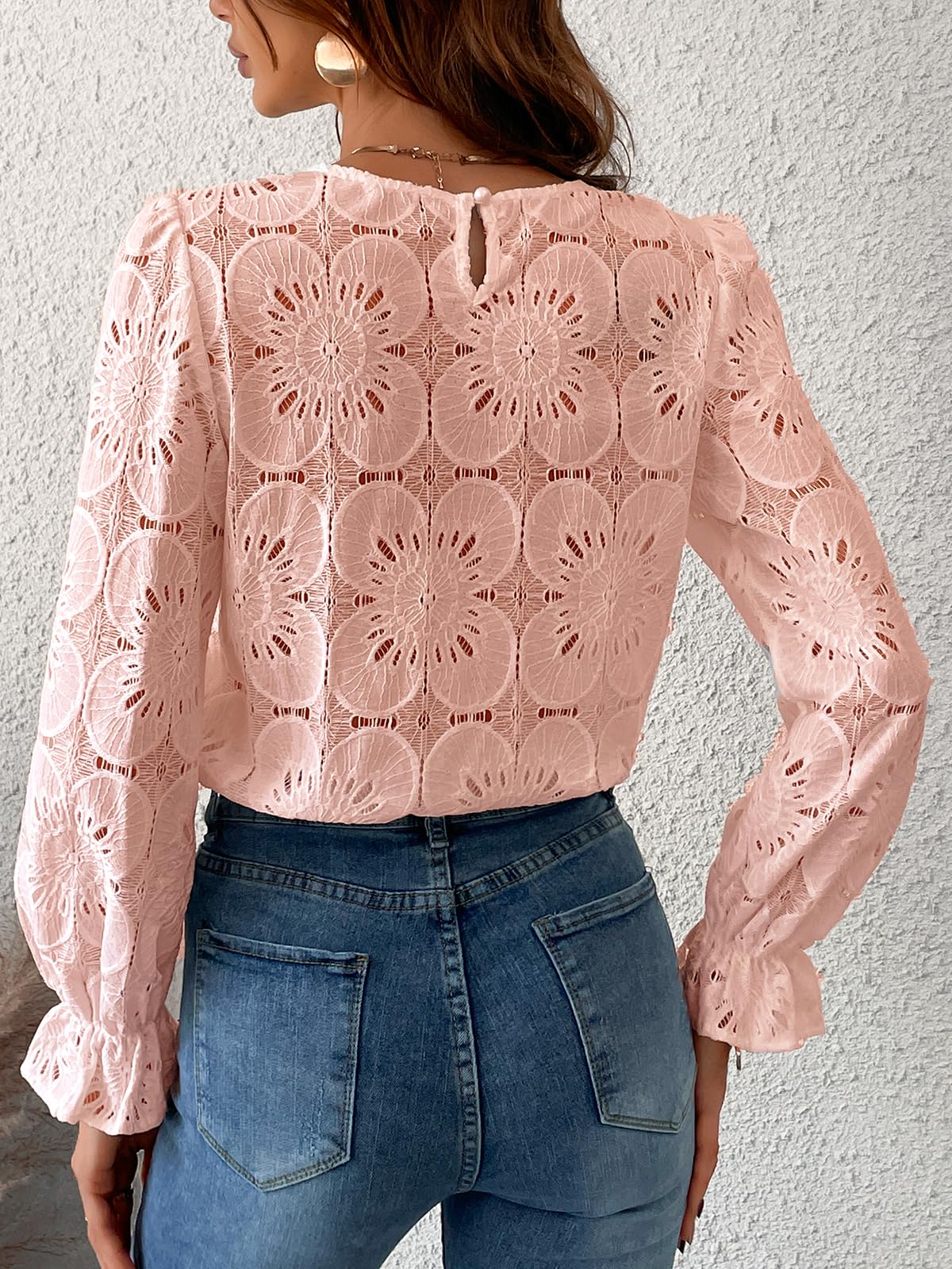 Women Eyelet Long Sleeve - Dressy Hollow Out Crochet Lace Embroidered Blouse