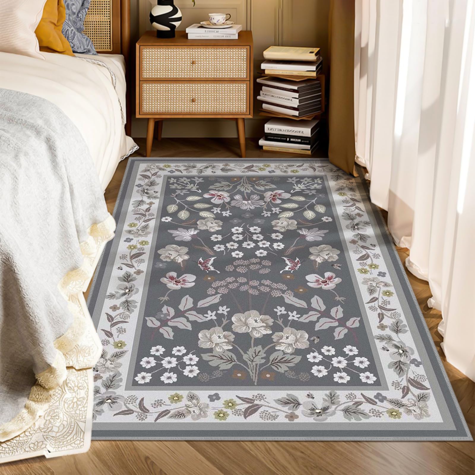 Washable Area Rug Non-Slip Area Rugs for Bedroom Soft Faux Wool Floral Rug with Rubber Backing Indoor Boho Area Rug