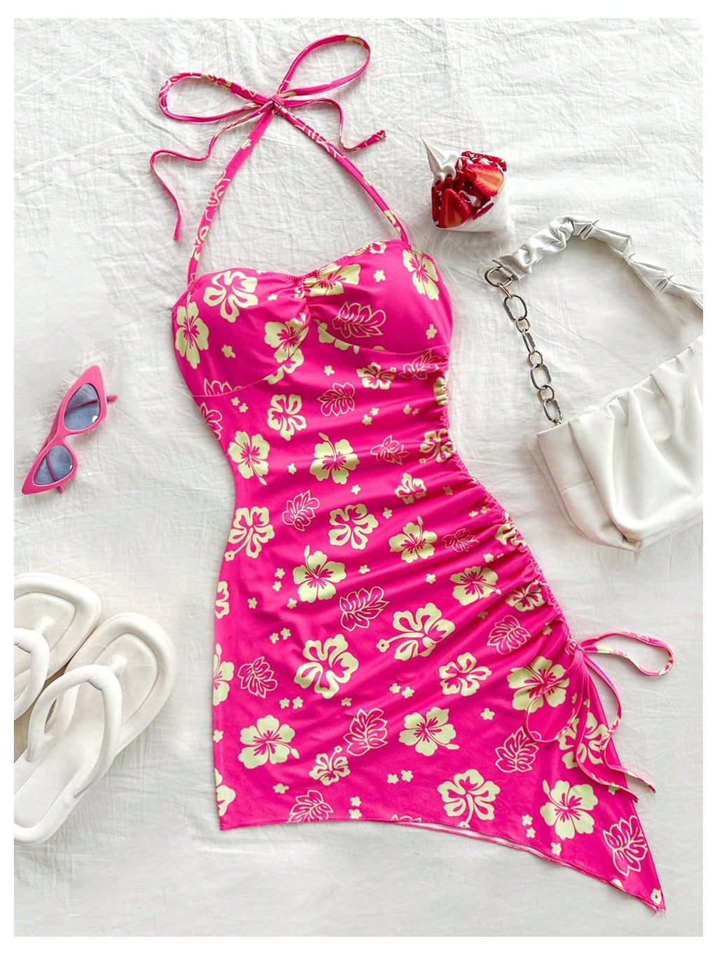 Women's Floral Print Halter Dress Sleeveless Drawstring Asymmetrical Hem Bodycon Dress