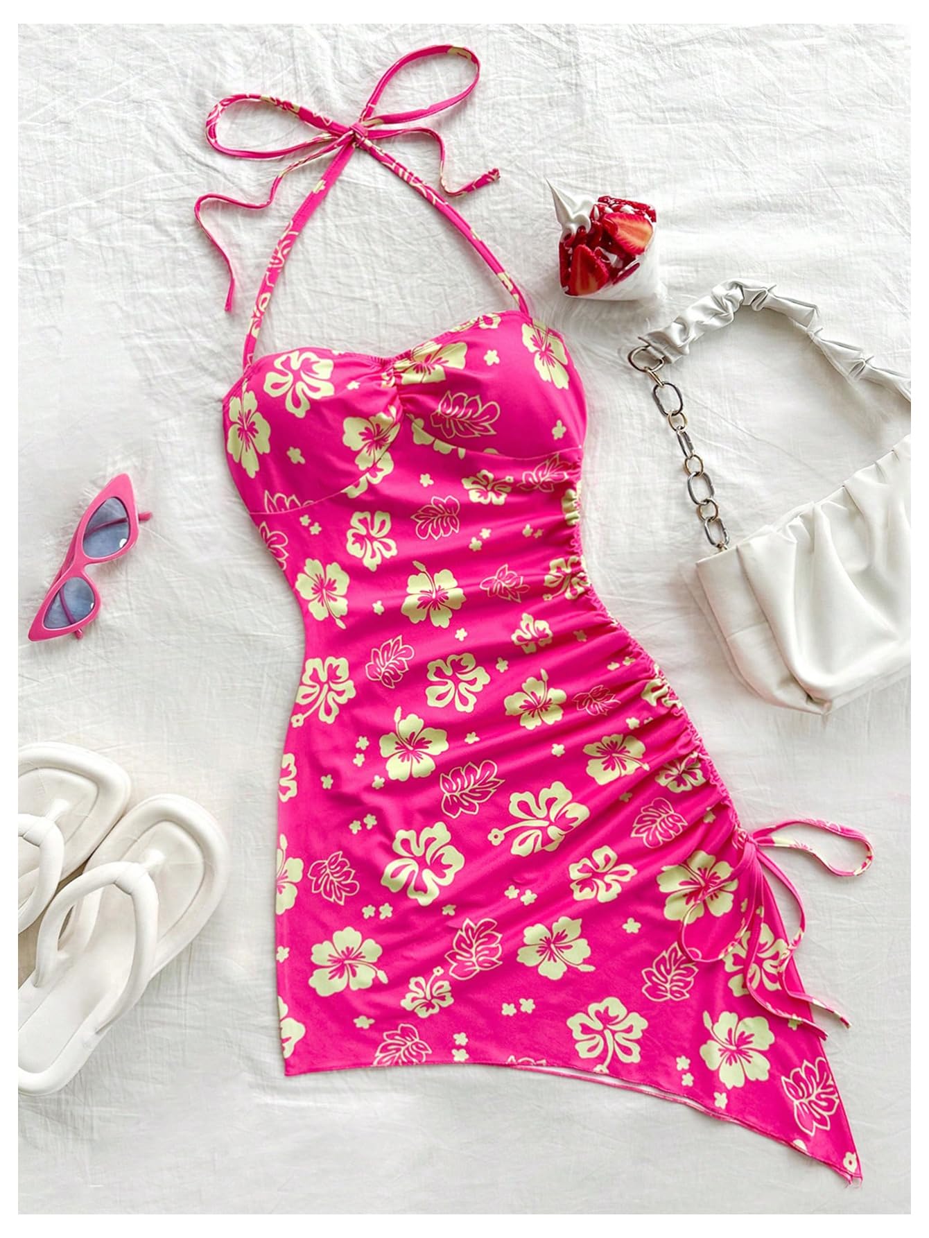 Women's Floral Print Halter Dress Sleeveless Drawstring Asymmetrical Hem Bodycon Dress