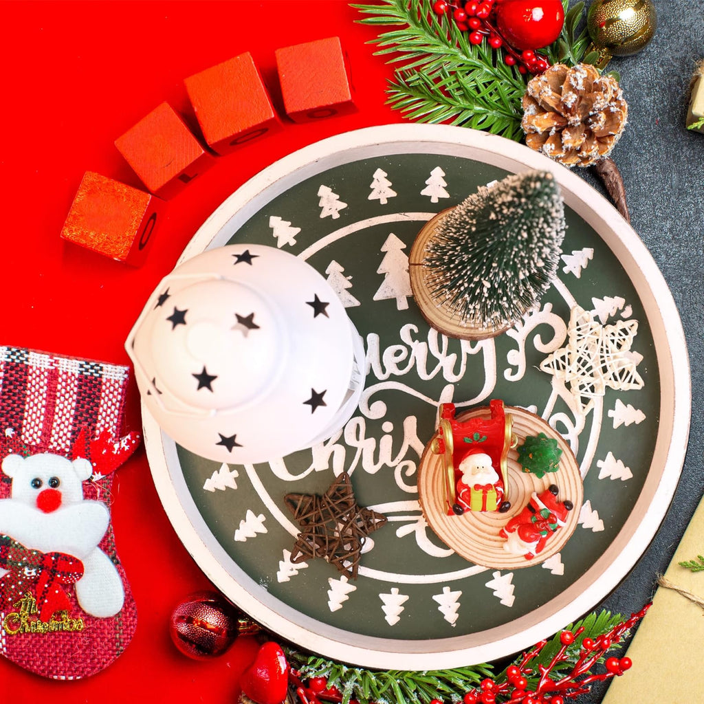 Round Wood Decorative Ottoman Tray for Coffee Table Kitchen Counter, Living Room, Handcrafted Wooden Serving Tray for Table Centerpiece