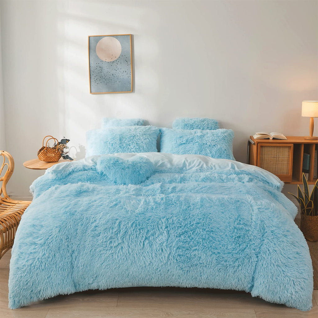 Fluffy Faux Fur Comforter Cover Set Queen - Ultra Soft Plush Bedding Sets 3 Pieces (1 Fluffy Duvet Cover + 2 Faux Fur Pillow case) Cute Bed Set