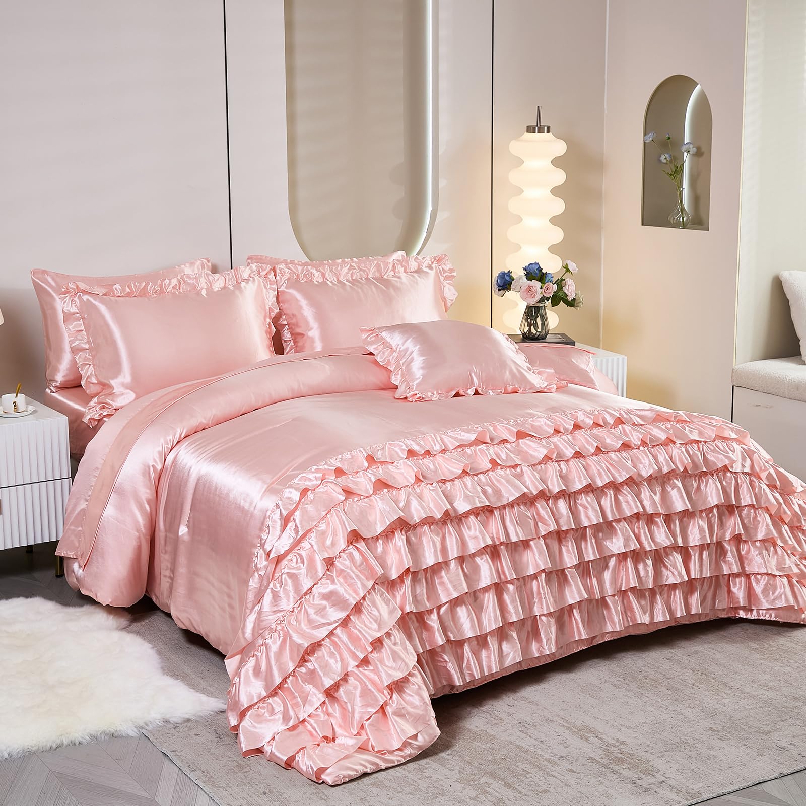 Ruffle Comforter Set 8 Pieces Satin Comforter Set with Sheet Set - Waterfall Ruffle Design Luxurious Silky Comforter Set