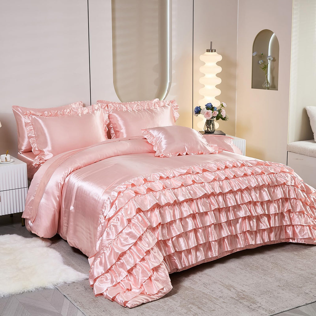 Ruffle Comforter Set 8 Pieces Satin Comforter Set with Sheet Set - Waterfall Ruffle Design Luxurious Silky Comforter Set