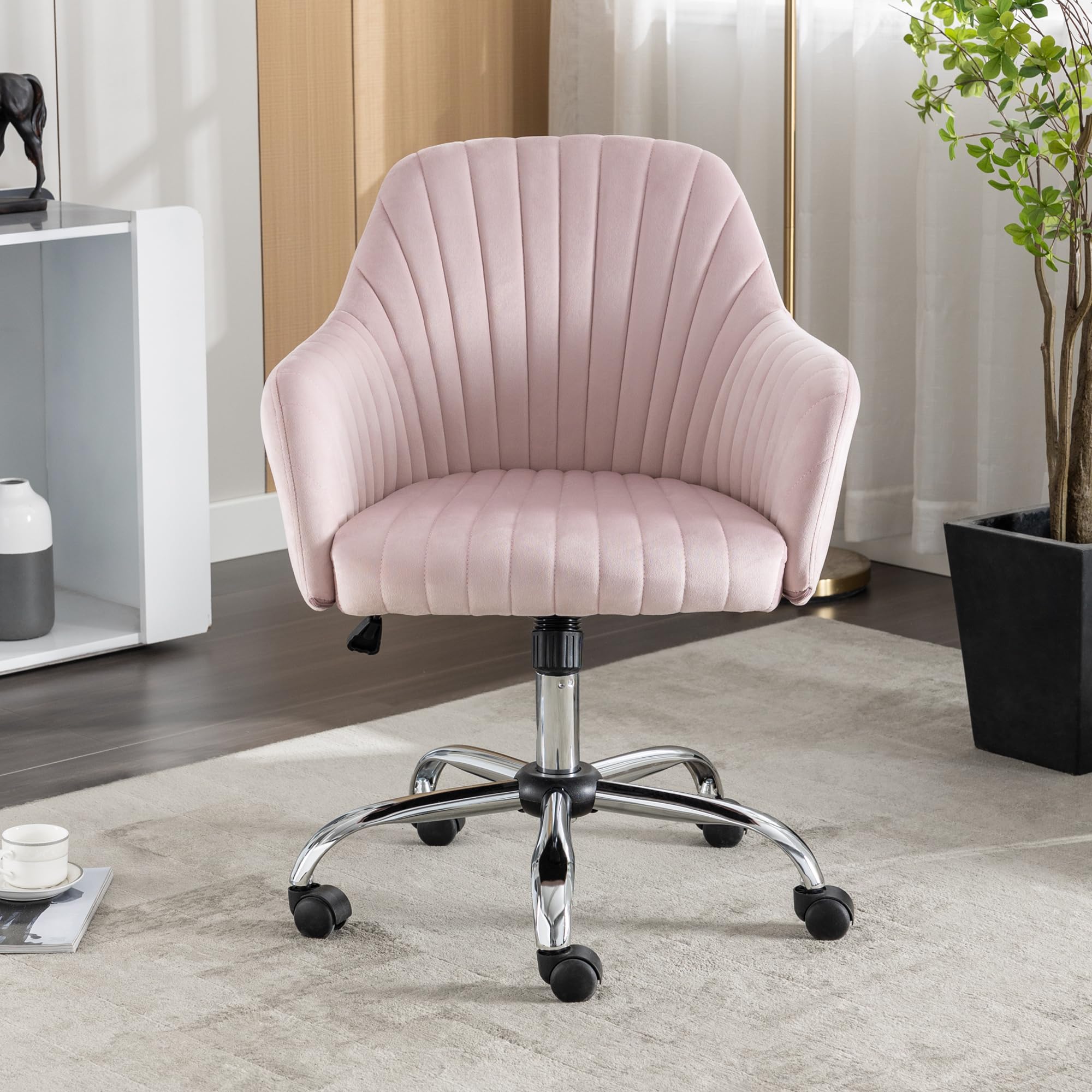 Modern Vanity Velvet Adjustable Low Back Rolling Chair, Twill Upholstered Cute Chair with Wheels