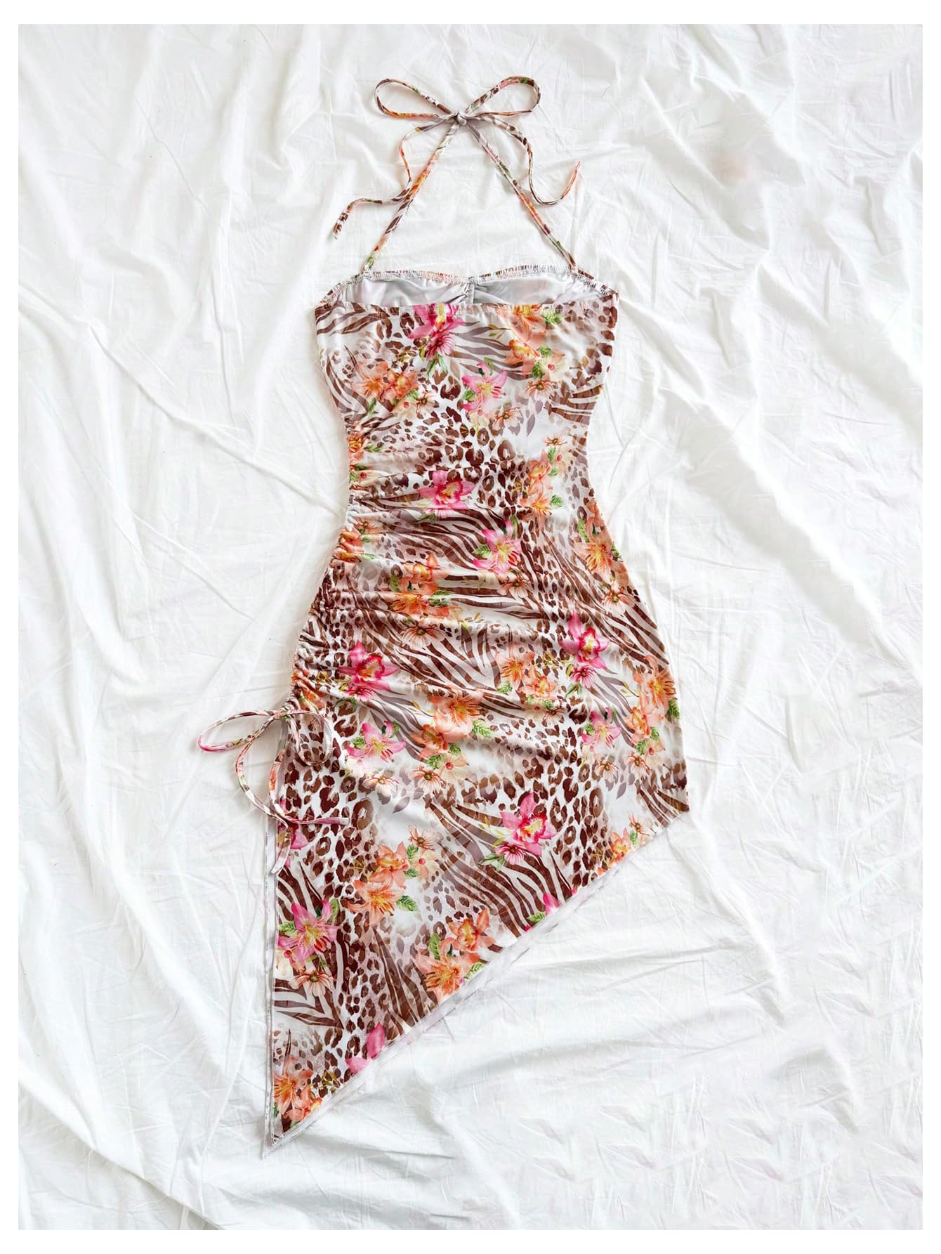 Women's Floral Print Halter Dress Sleeveless Drawstring Asymmetrical Hem Bodycon Dress