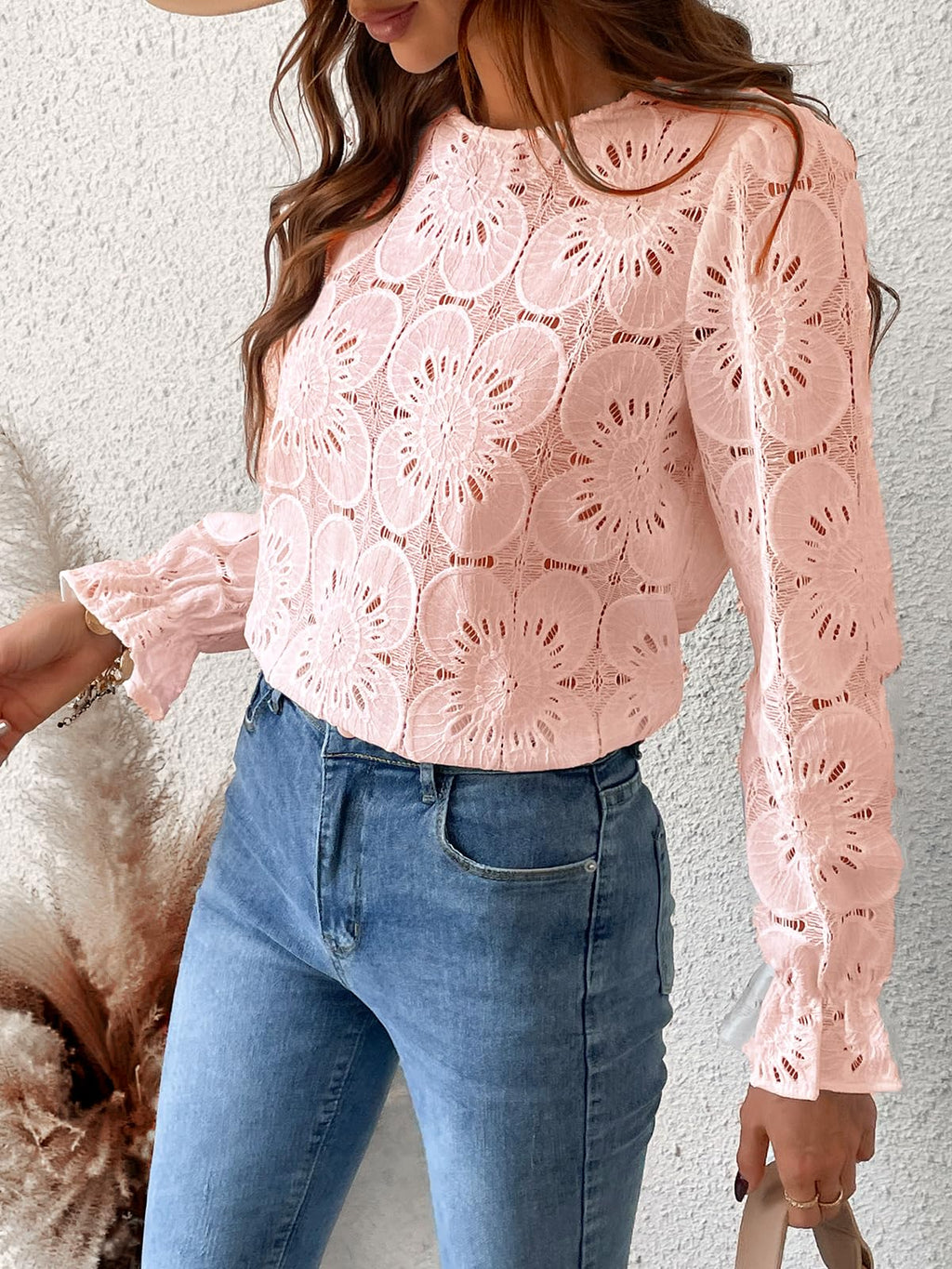Women Eyelet Long Sleeve - Dressy Hollow Out Crochet Lace Embroidered Blouse